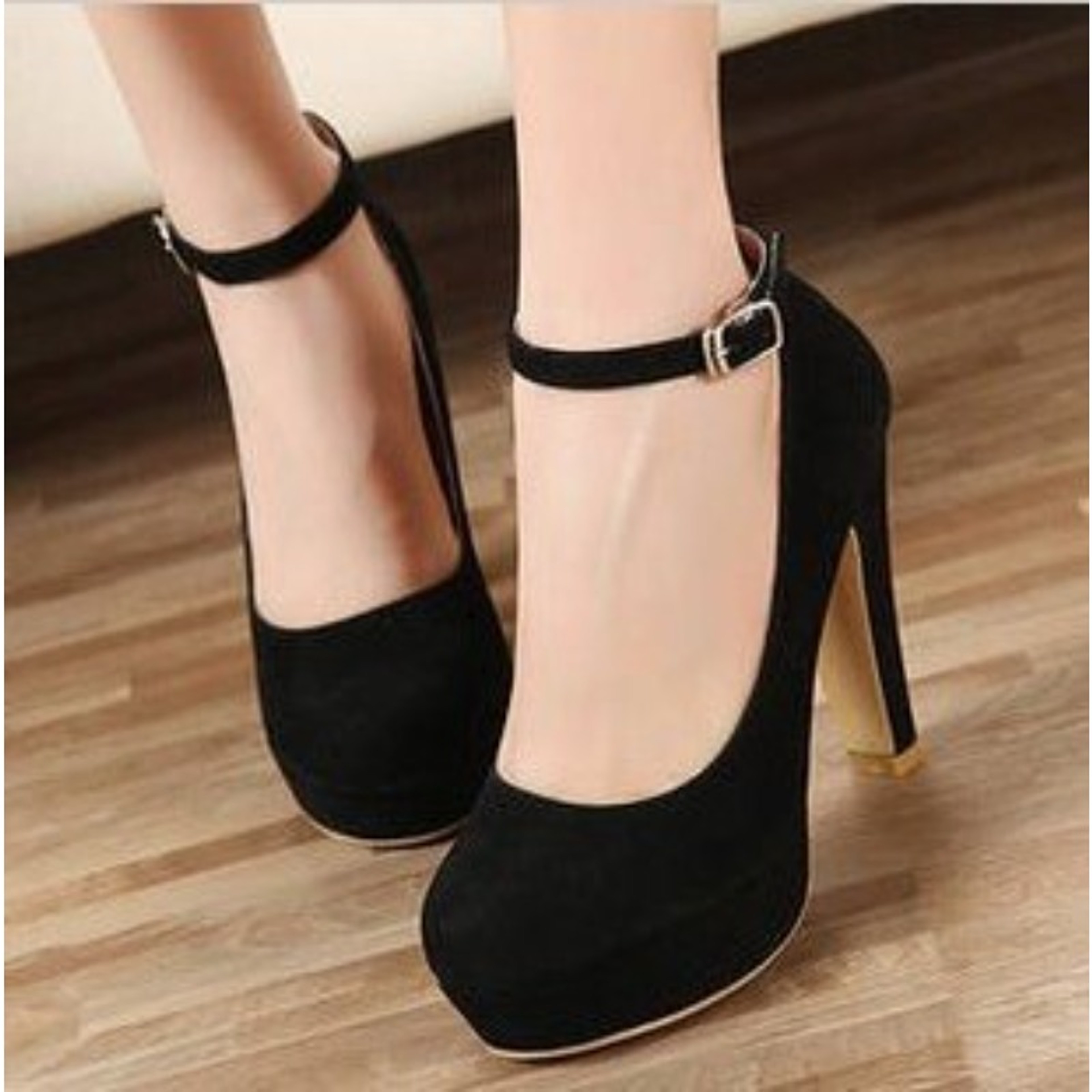 Sexy Super High Heels Shoes for Women, Black Flock Chunky Platform Pumps, Square Heel Ankle Buckle Party Shoes – view 2