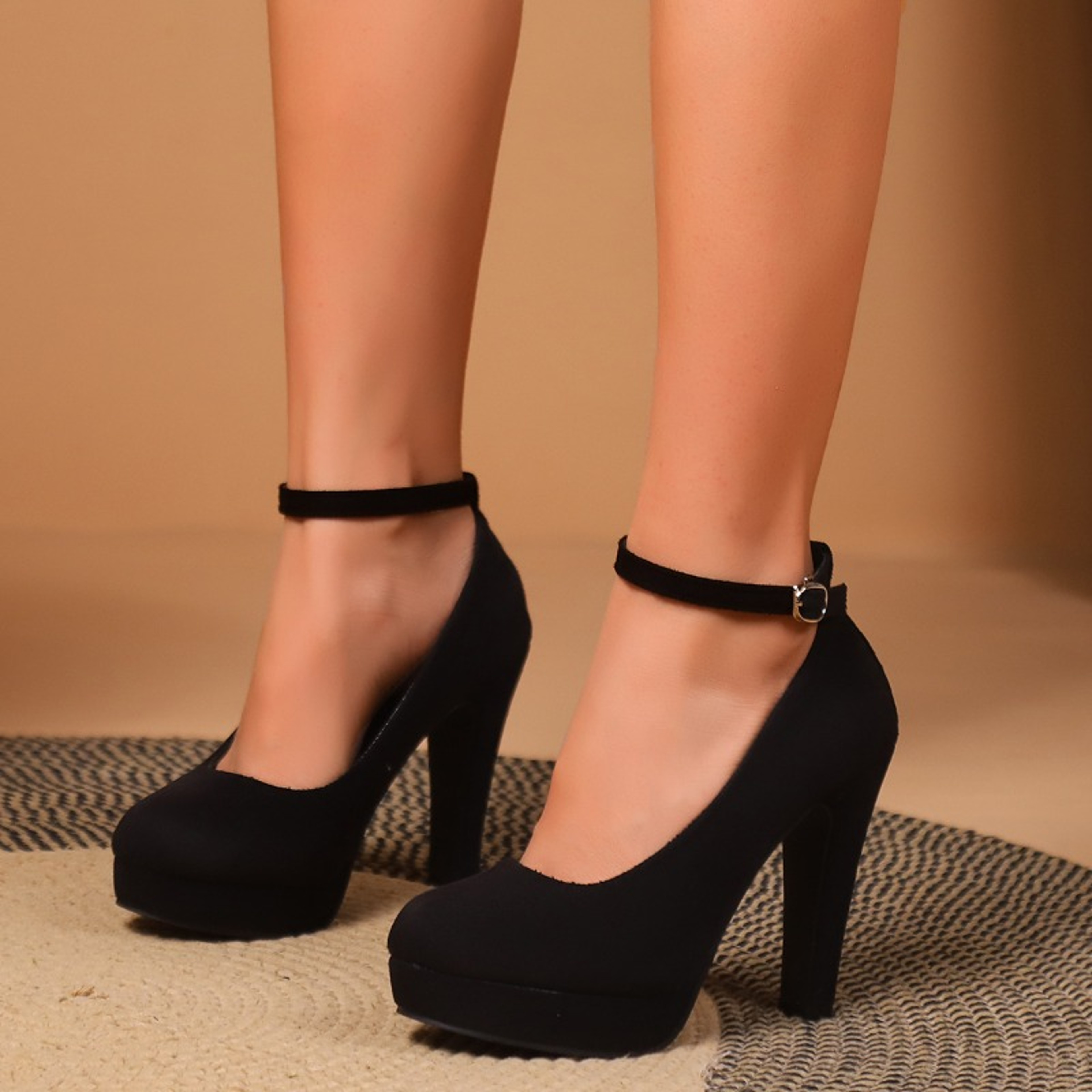 Womens Sexy Super High Heels Black Flock Chunky Platform Pumps With Ankle Buckle Square Heel For Fa 4