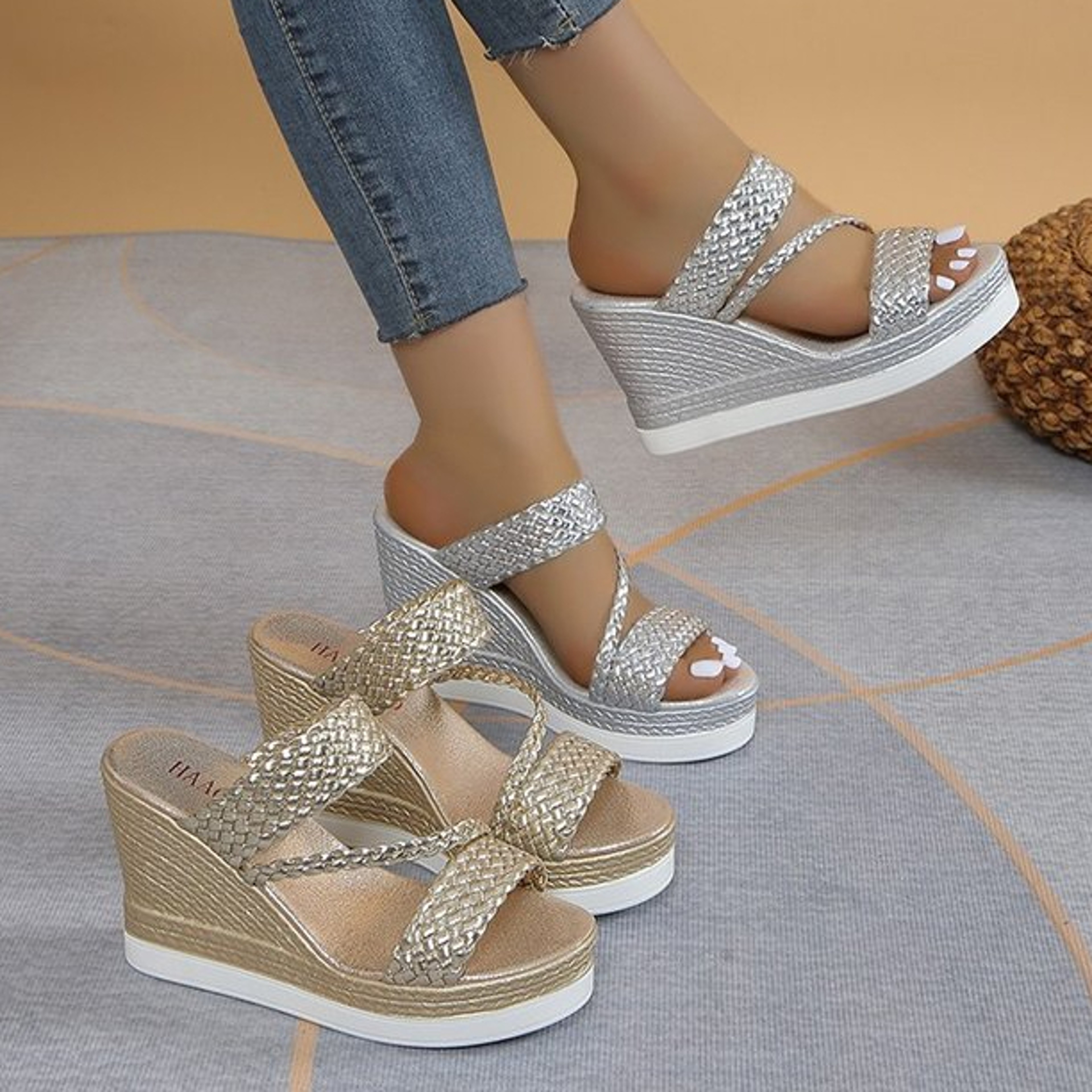 Womens Fashion Pearl Rhinestone Wedge Sandals, Summer Platform Slides, Elegant High Heel Casual Ladies Slippers – view 1