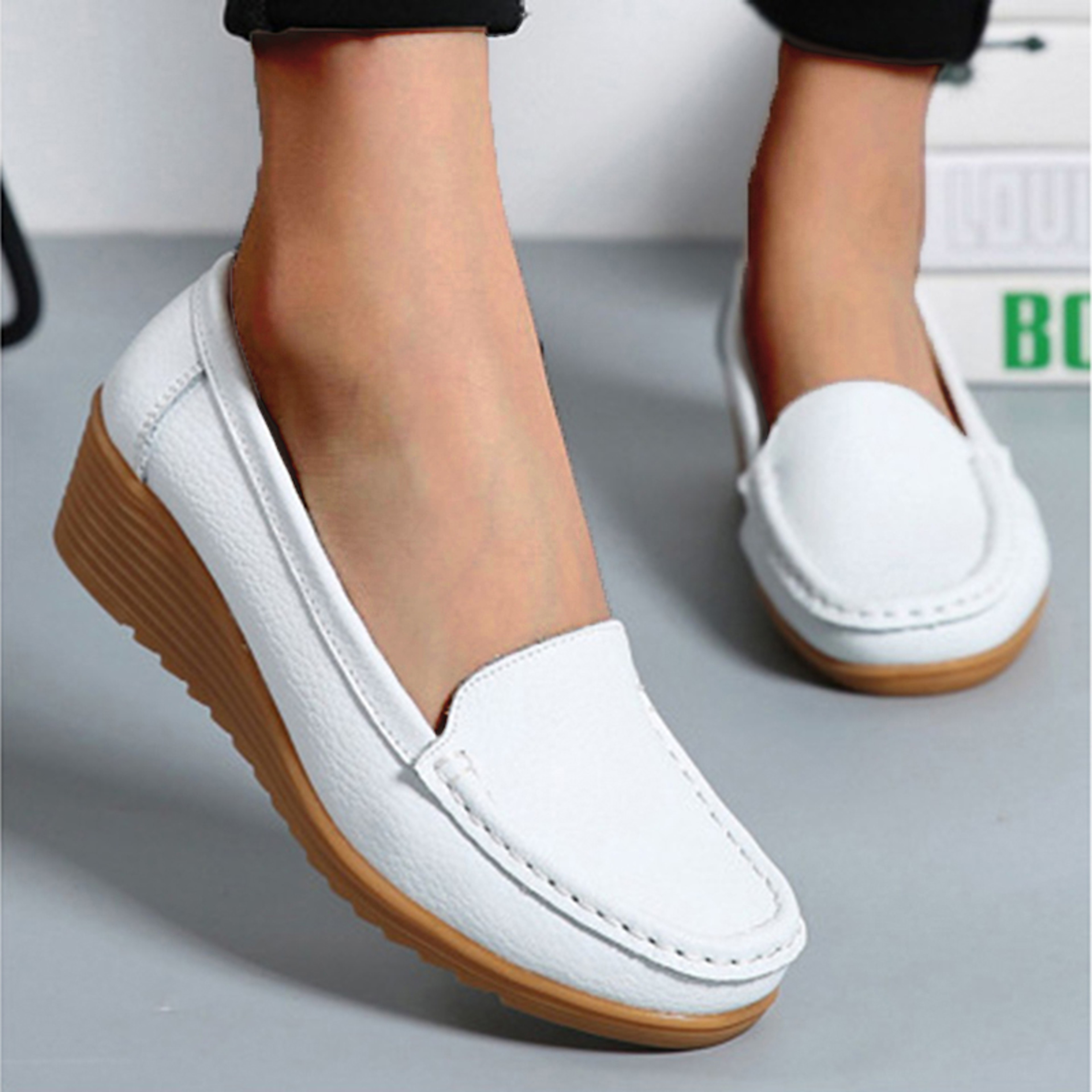 Genuine Leather Women Flats Wedge Walking Nurse Shoes Lightweight SlipOn Loafers  Barefoot Moccasin 0
