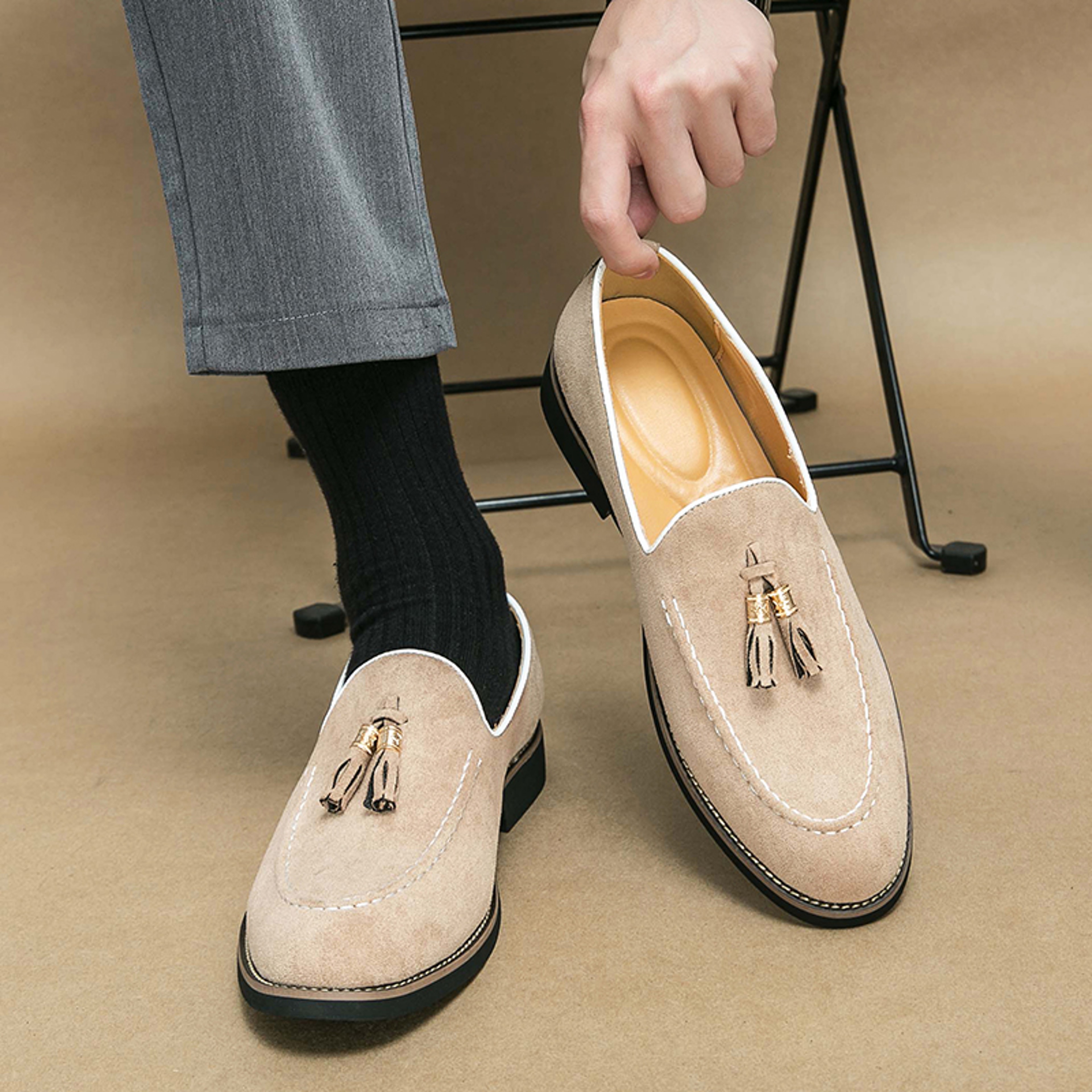 Luxury Tassel Leather Slip On Loafers For Men Round Toe Patchwork Suede Dress Shoes Fashion Formal  0