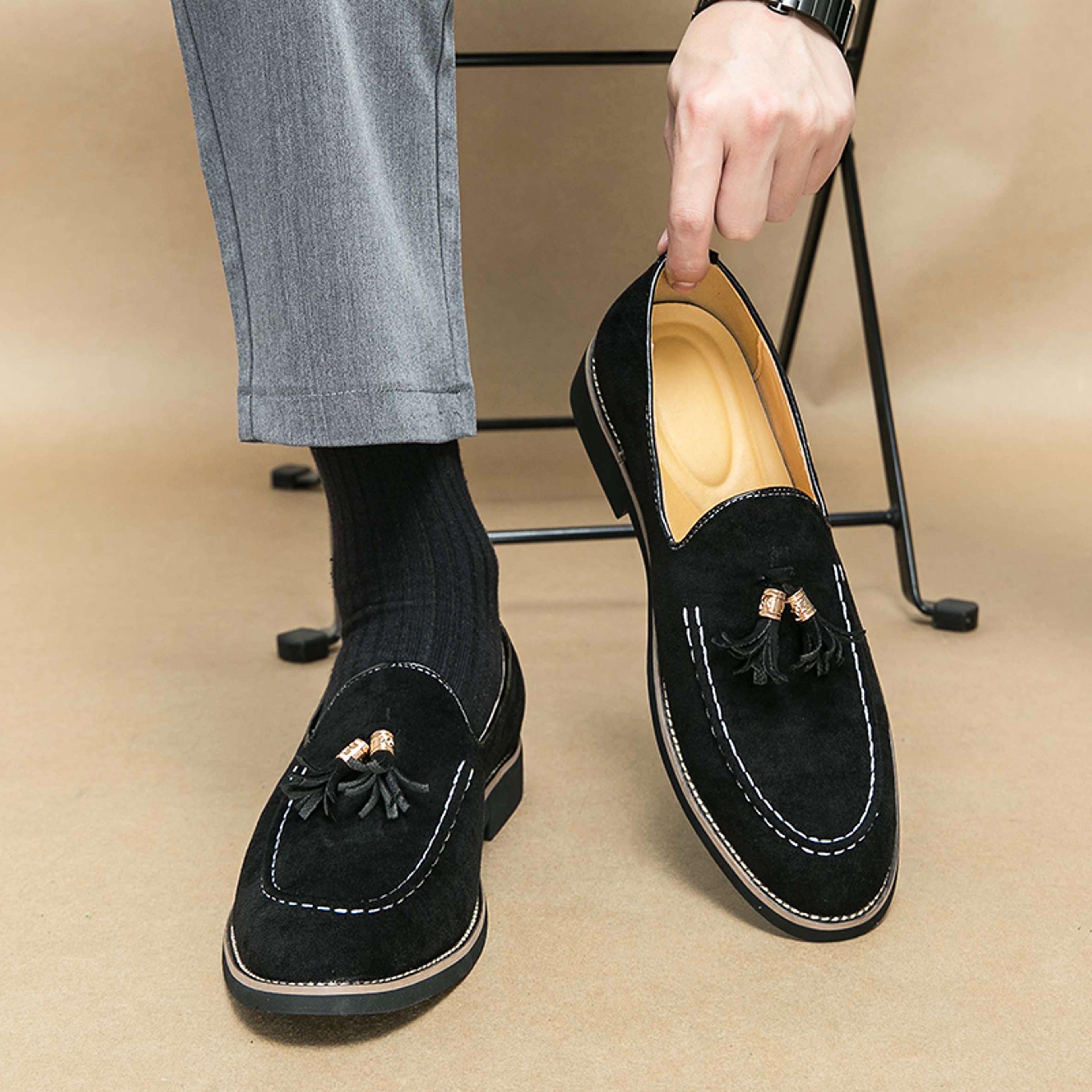 Luxury Tassel Leather Slip On Loafers For Men Round Toe Patchwork Suede Dress Shoes Fashion Formal  1