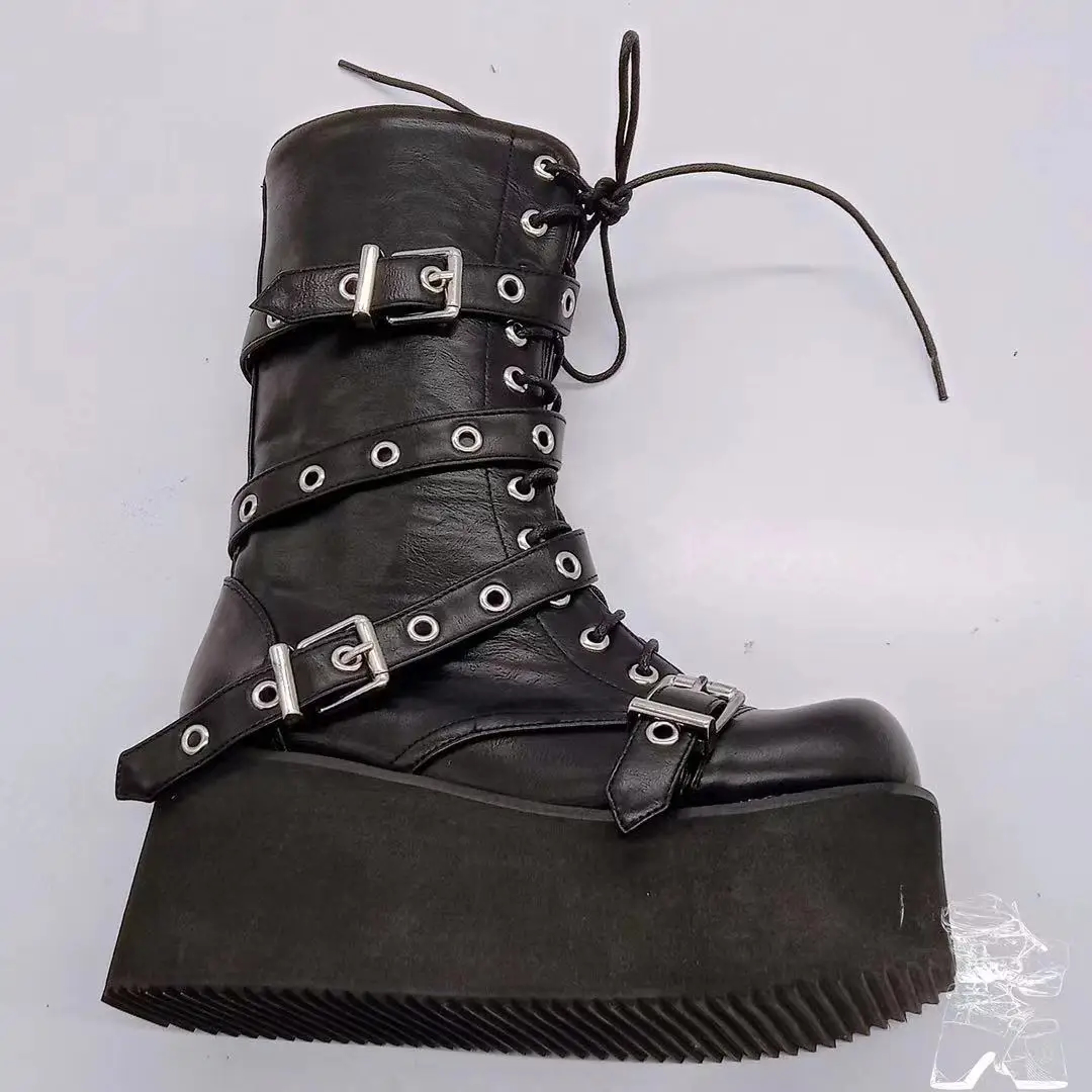 Trendy Autumn Women Boots Buckle Wedges Platform Combat Boots Punk Goth Street Style Round Toe Boot 3