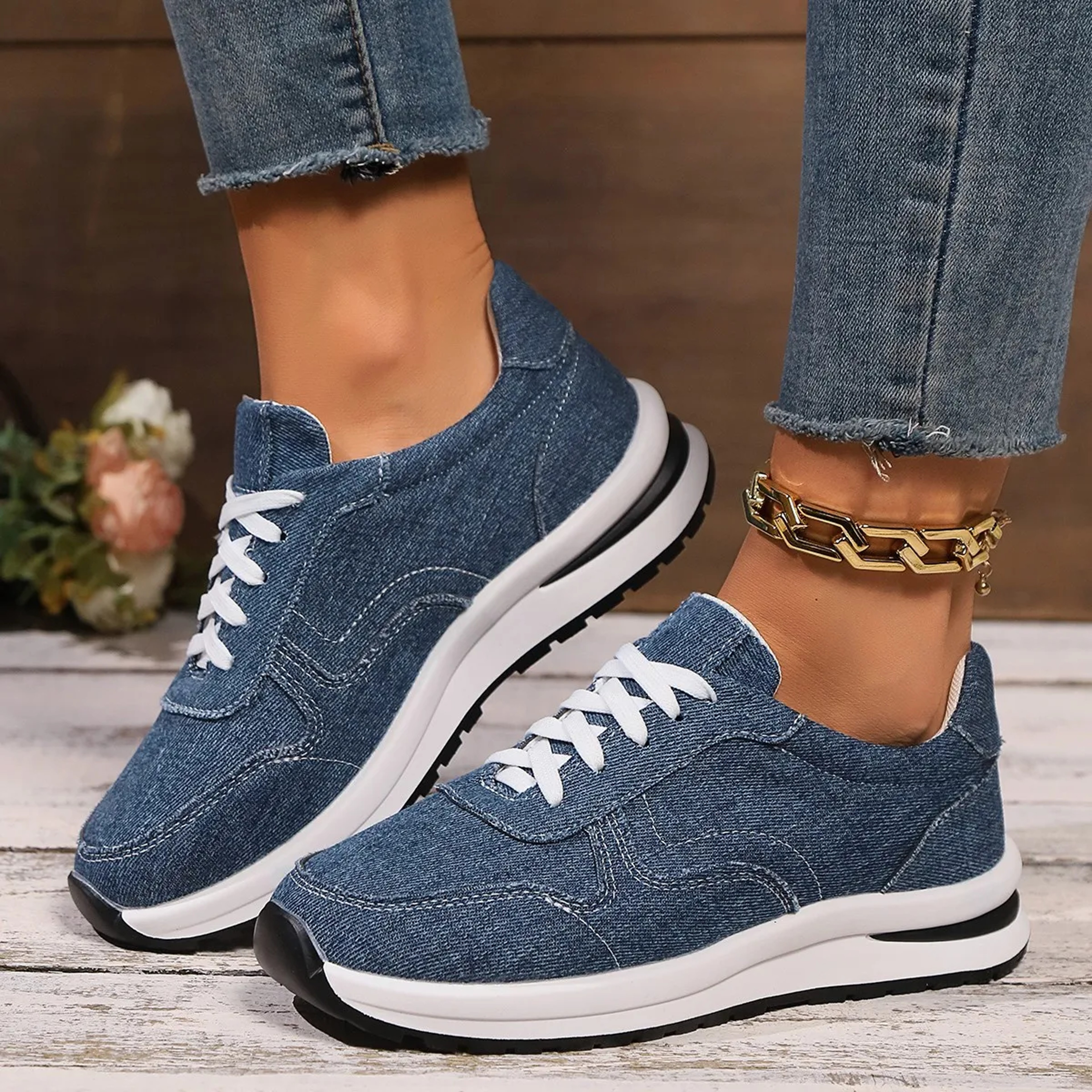 Womens Blue Denim Thick Sole Sneakers, Fashion Lace Up Platform Casual Sports – view 1