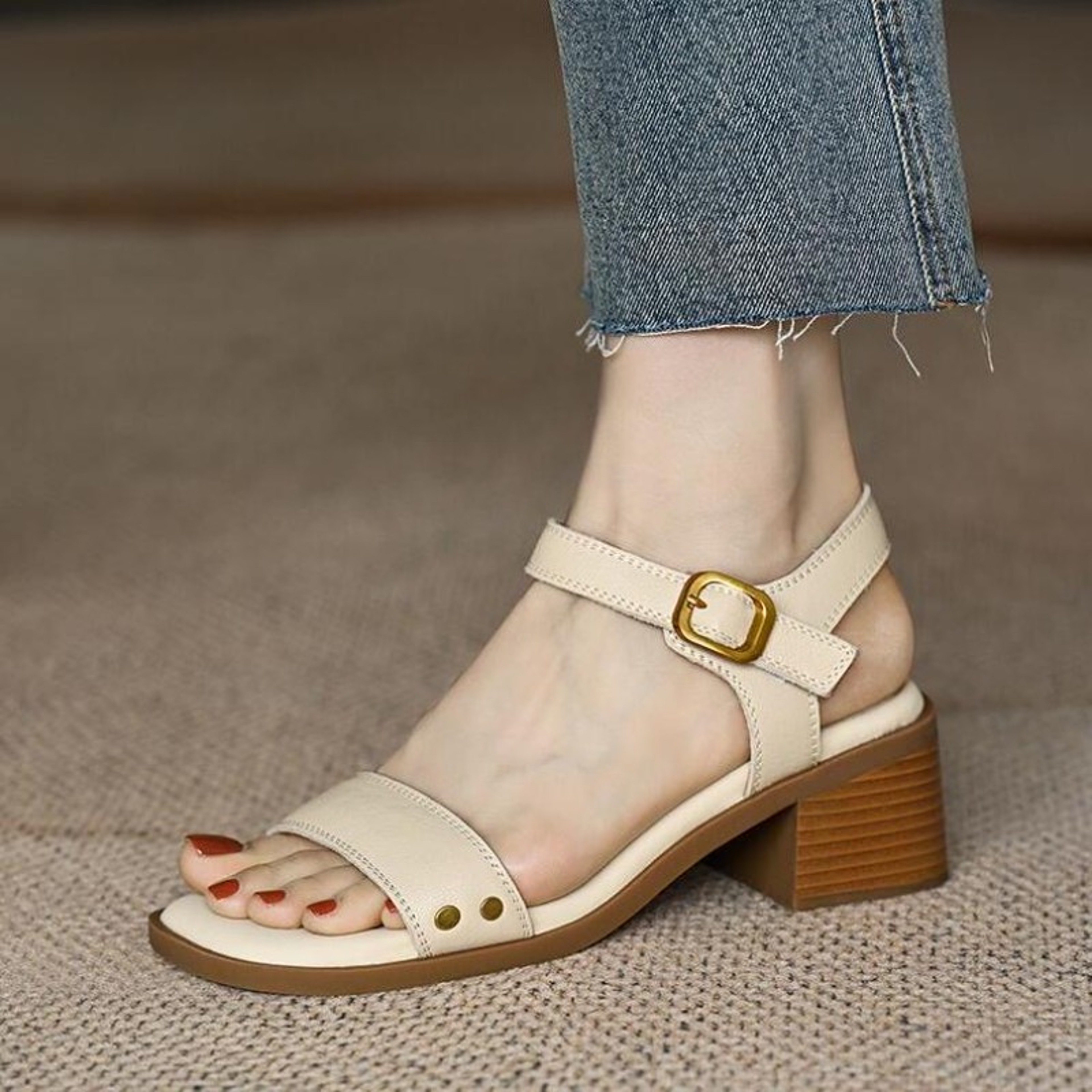 Vintage Brown Women Sandals Soft Leather Thick Heel Cross Strap Summer Mary Jane High Heels 0