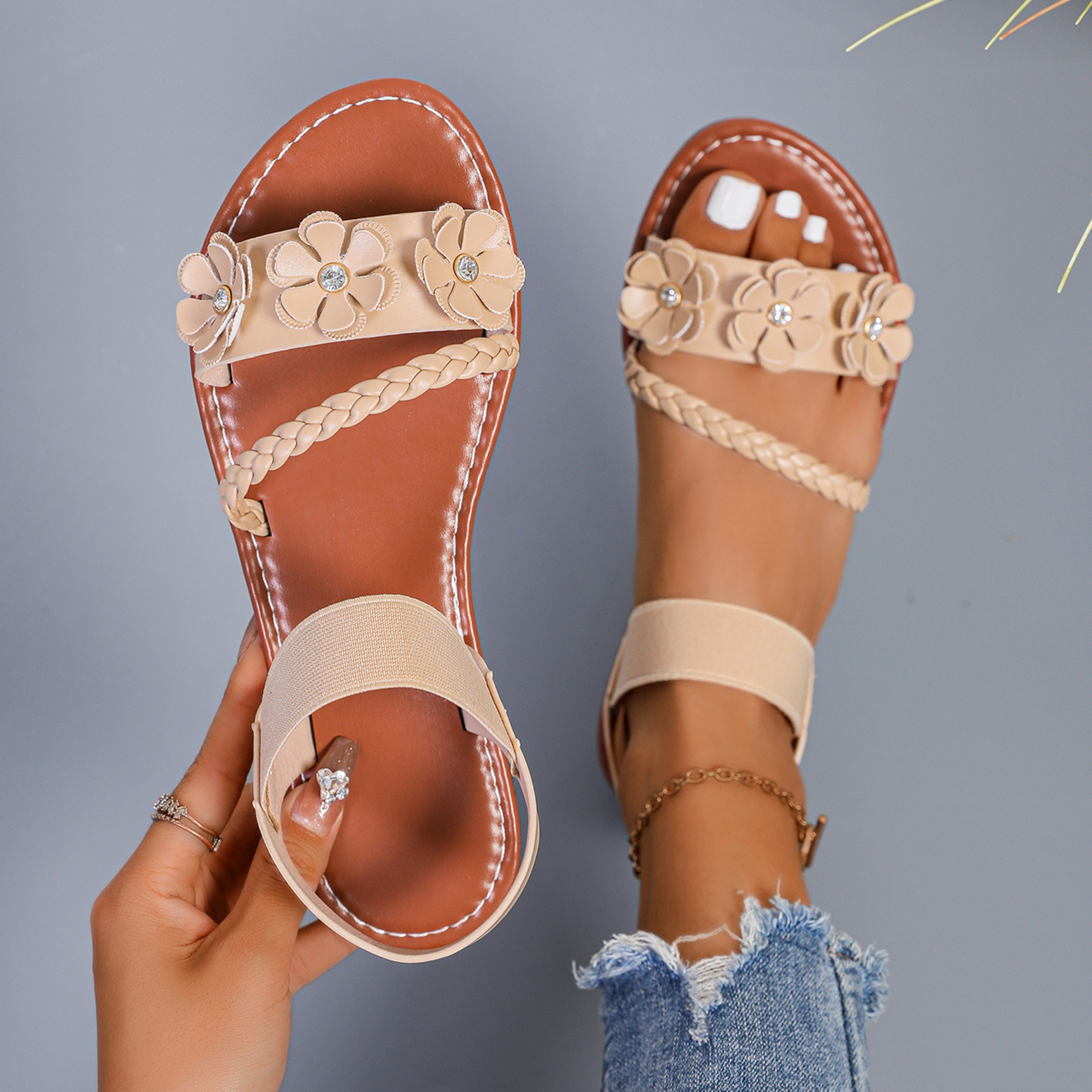 Fashion Flower Wedge Sandals for Women, Summer Casual Sandals, Solid Color Breathable Beach Shoes, Stylish Women Sandals – view 5