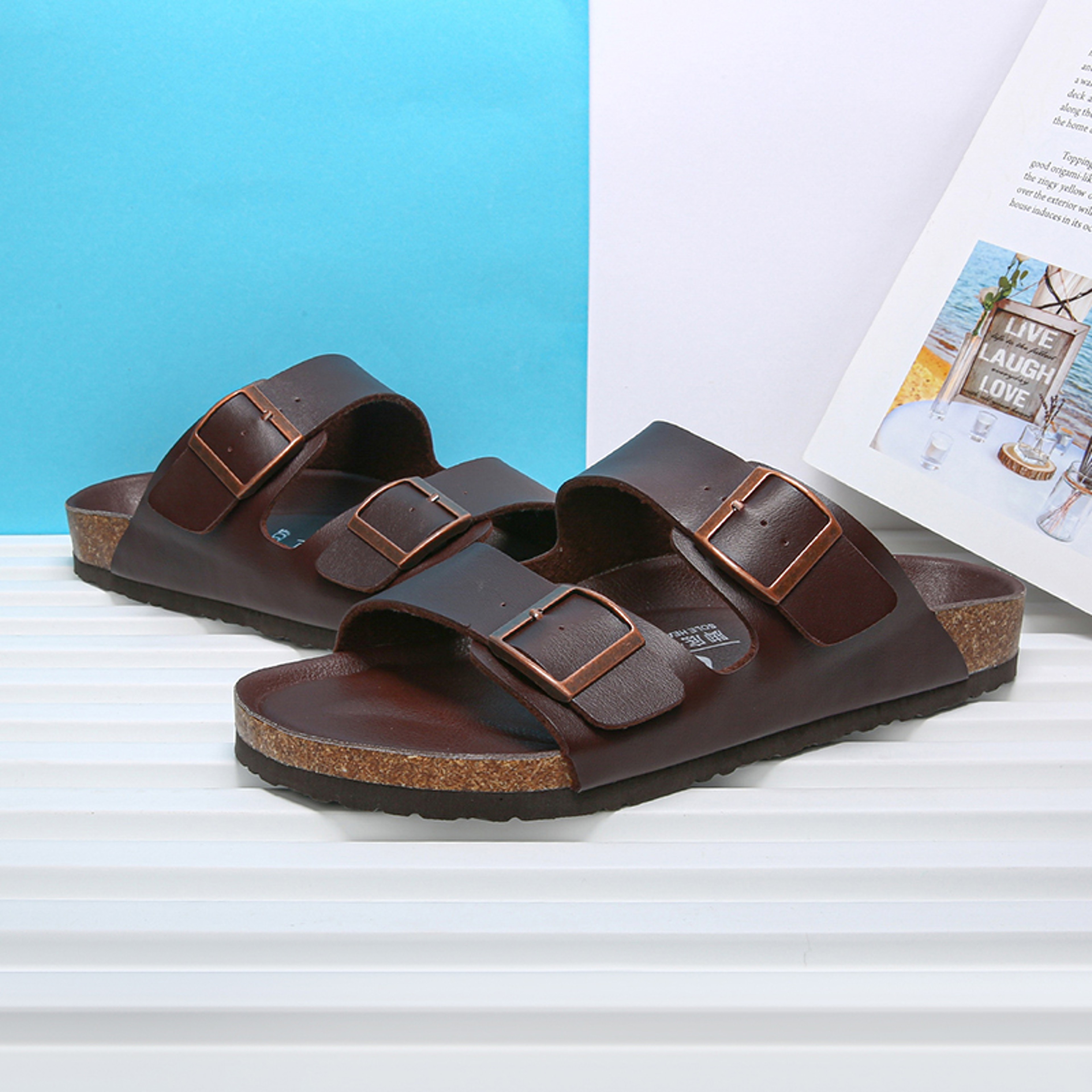 Summer Beach Slip On Flats Casual Cork Slippers Double Buckle Clogs Nonslip Soft Sole Shoes For Men 10