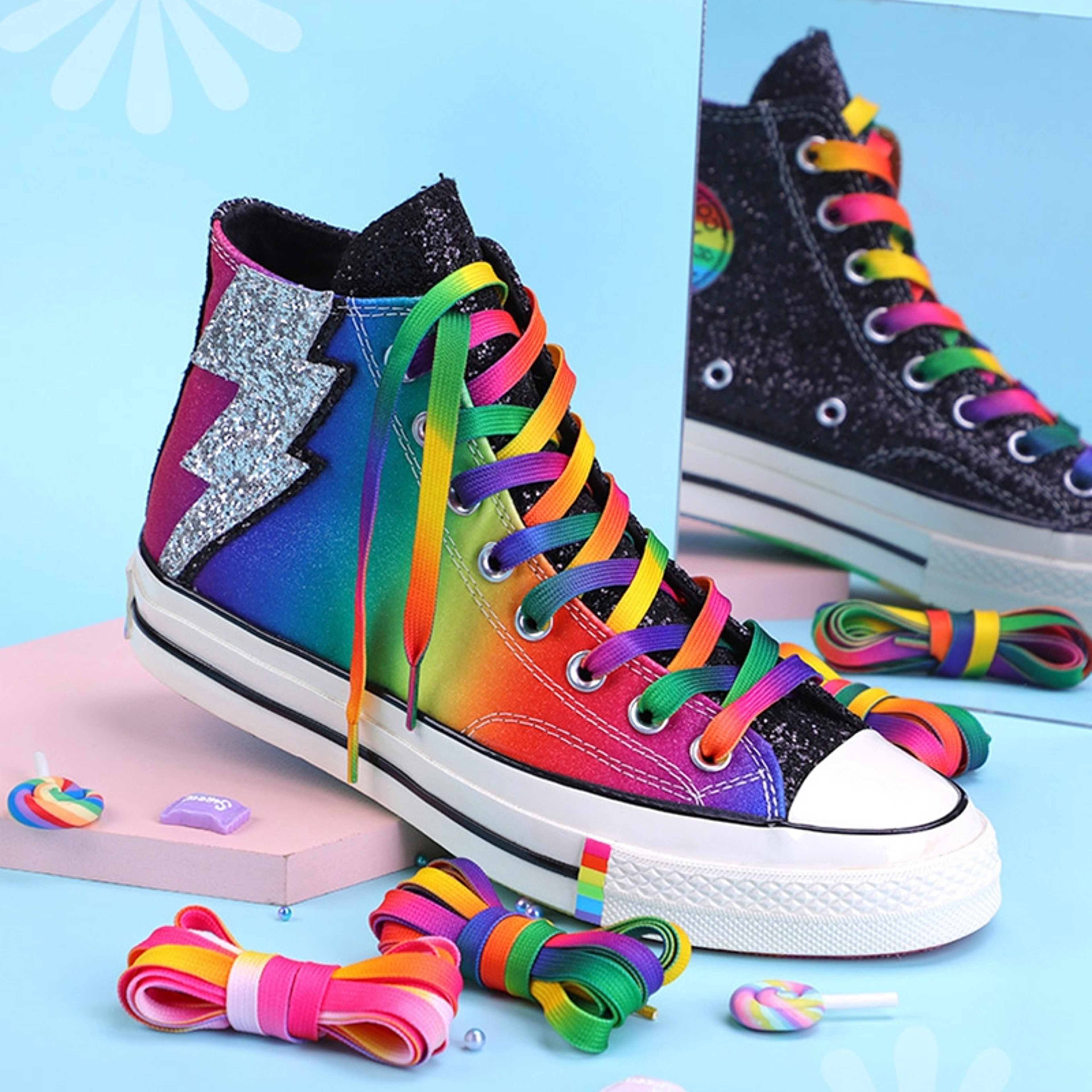 Rainbow Color Flat Shoelaces, Colorful Gradient Shoe Laces, Casual Canvas Shoes, Trendy Printed Shoelace Design – view 3