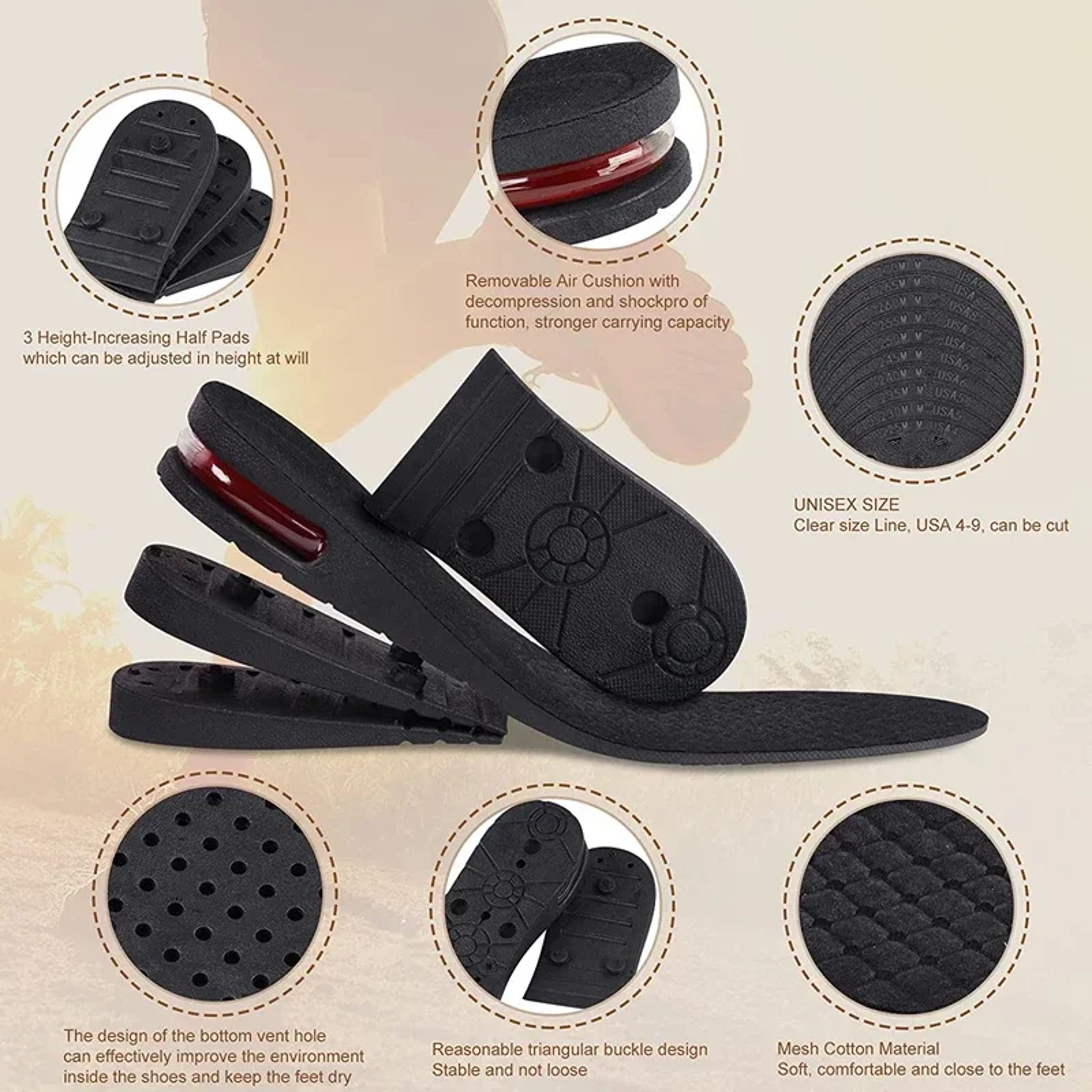 Air Shoe Cushion Height Increase Insoles Adjustable Lift Inserts For Men And Women Invisible CuttoS 1