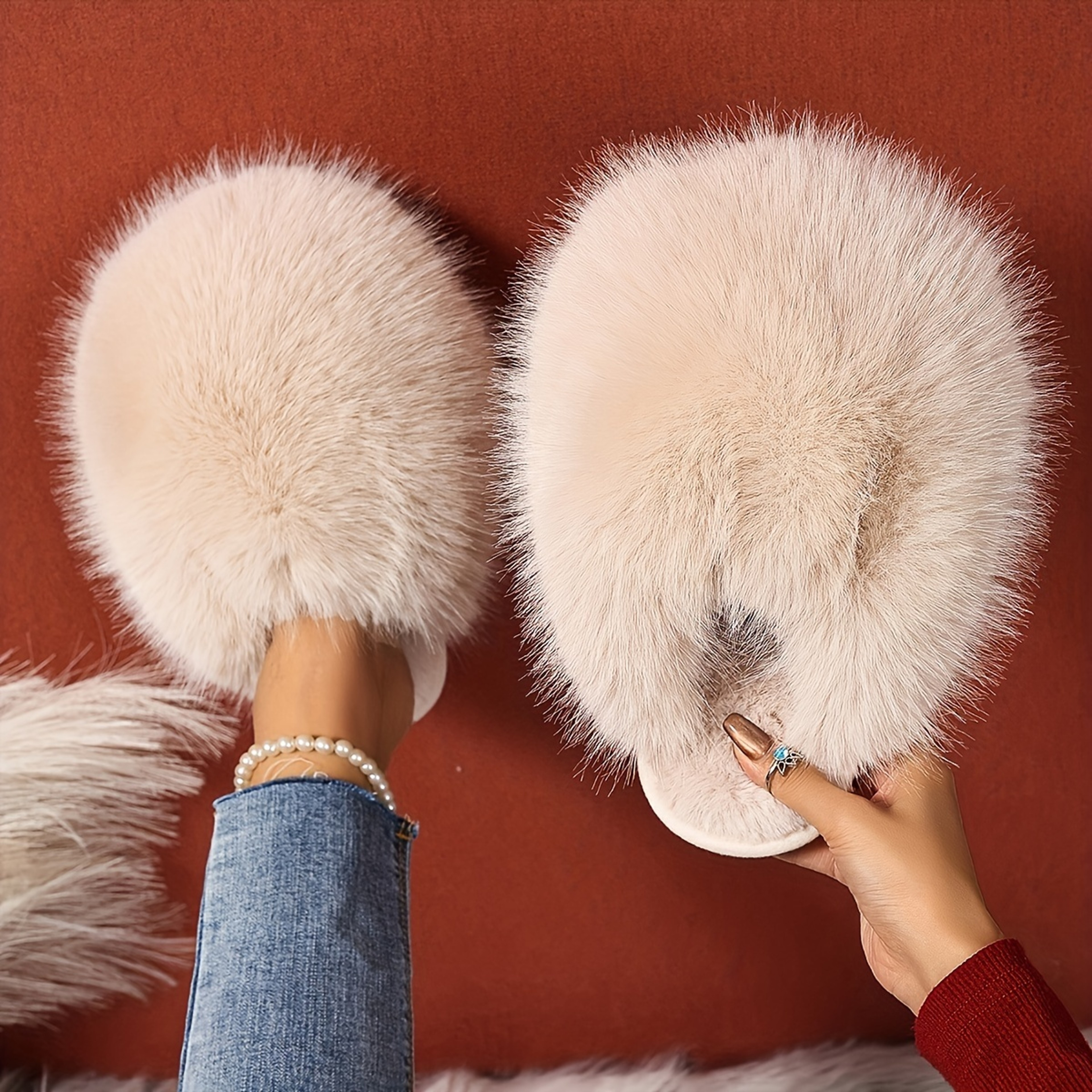 Korean Style Faux Fur Slippers For Women Pure Color Warm House Shoes Indoor Outdoor Flat Non Slip C 1