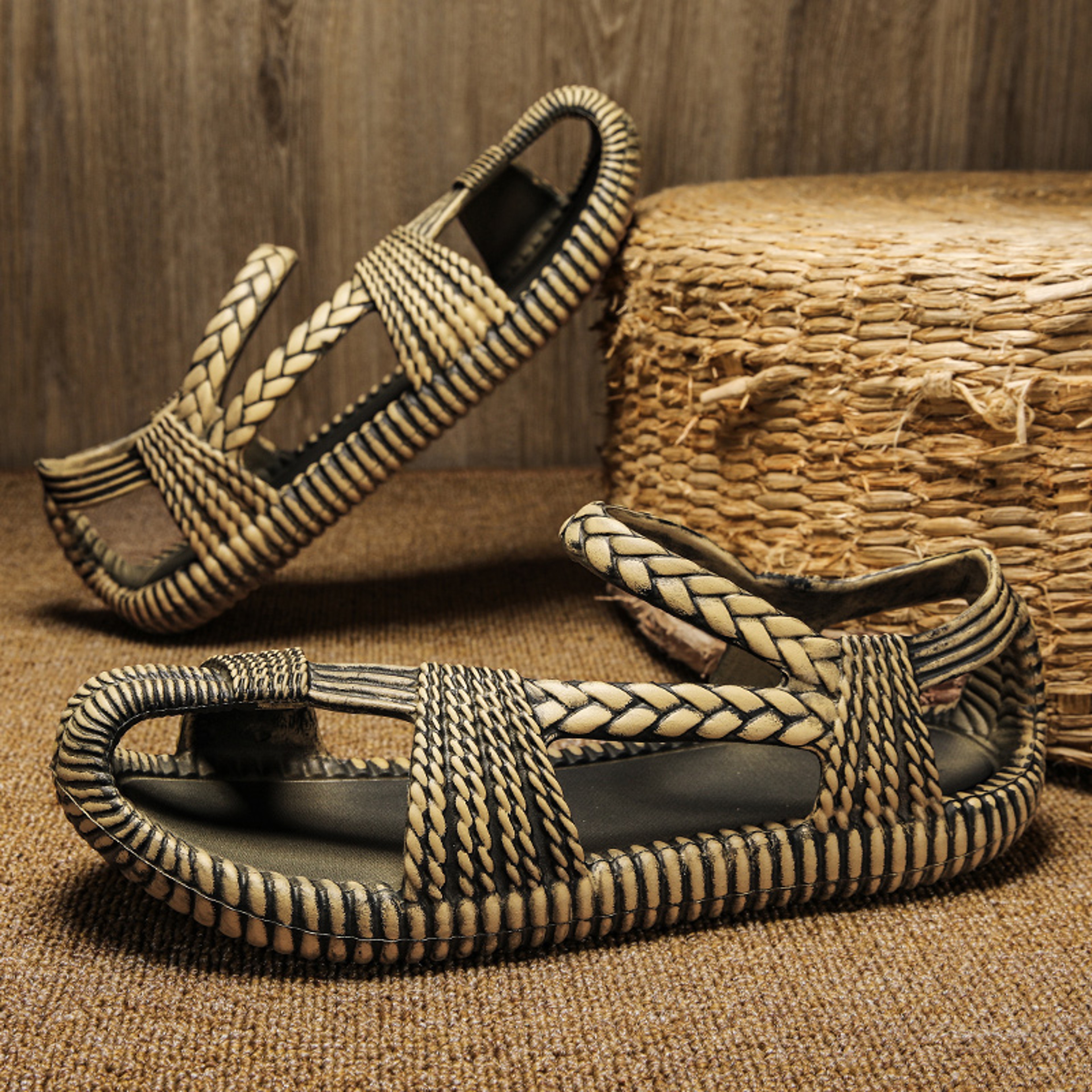 Mens Summer Straw Sandals, Comfortable Flat Casual Flip-flop Shoes, Wear-resistant Outdoor Beach Shoes – view 1