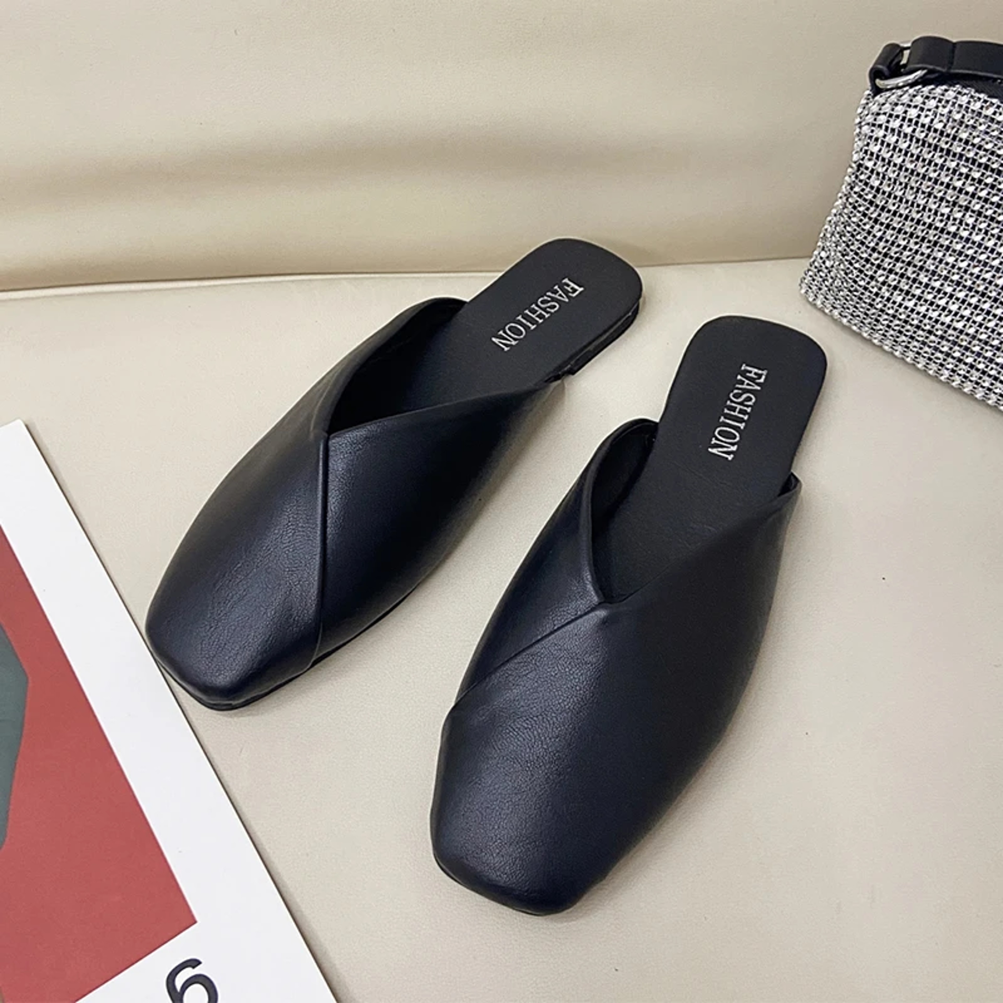 Elegant Summer Women Mules Square Closed Toe Flat Leather Slippers Casual Black White Slides For La 7