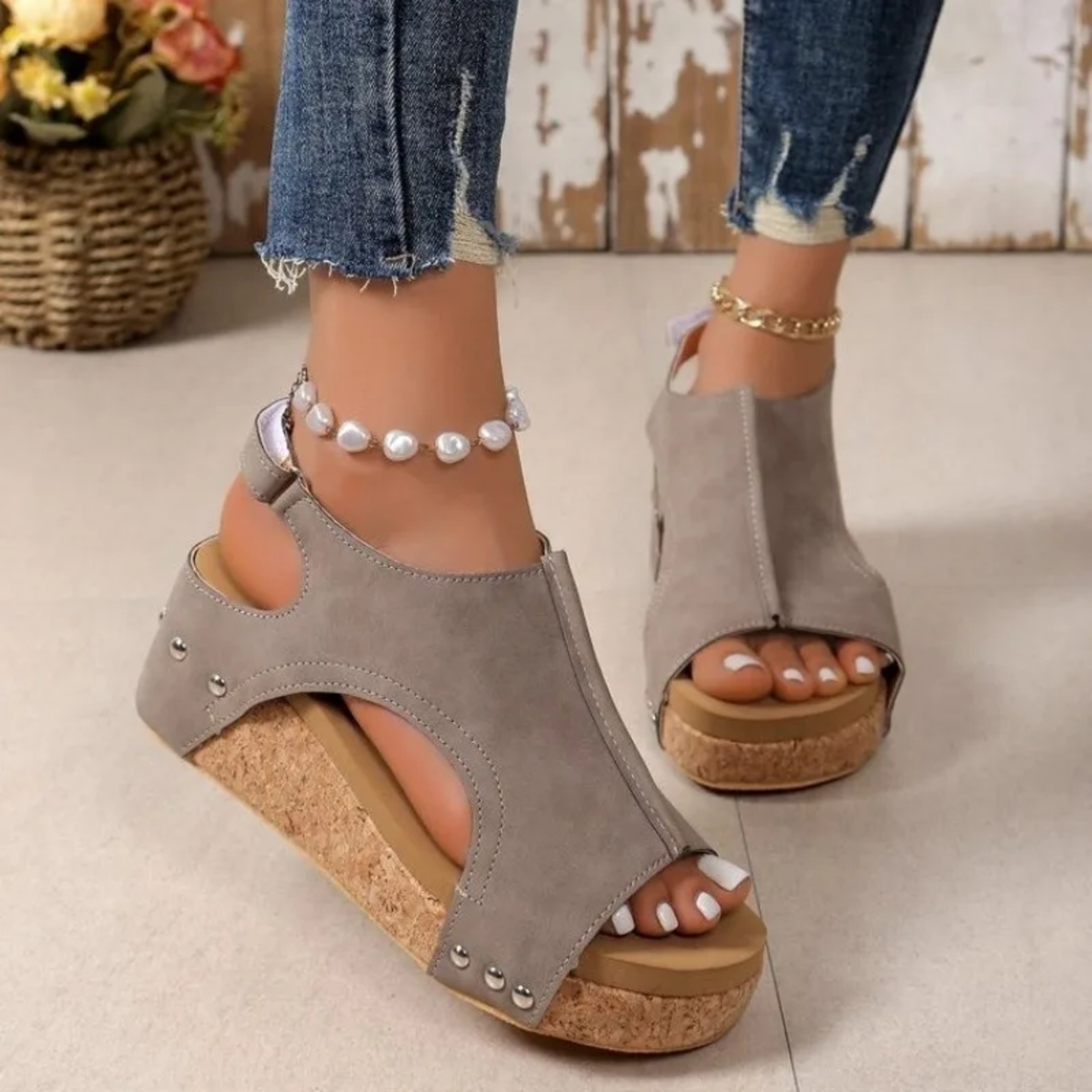 Womens Casual Shoes, Summer Peep Toe Wedge Sandals, Fashion Solid Color Flat High Heels – view 1