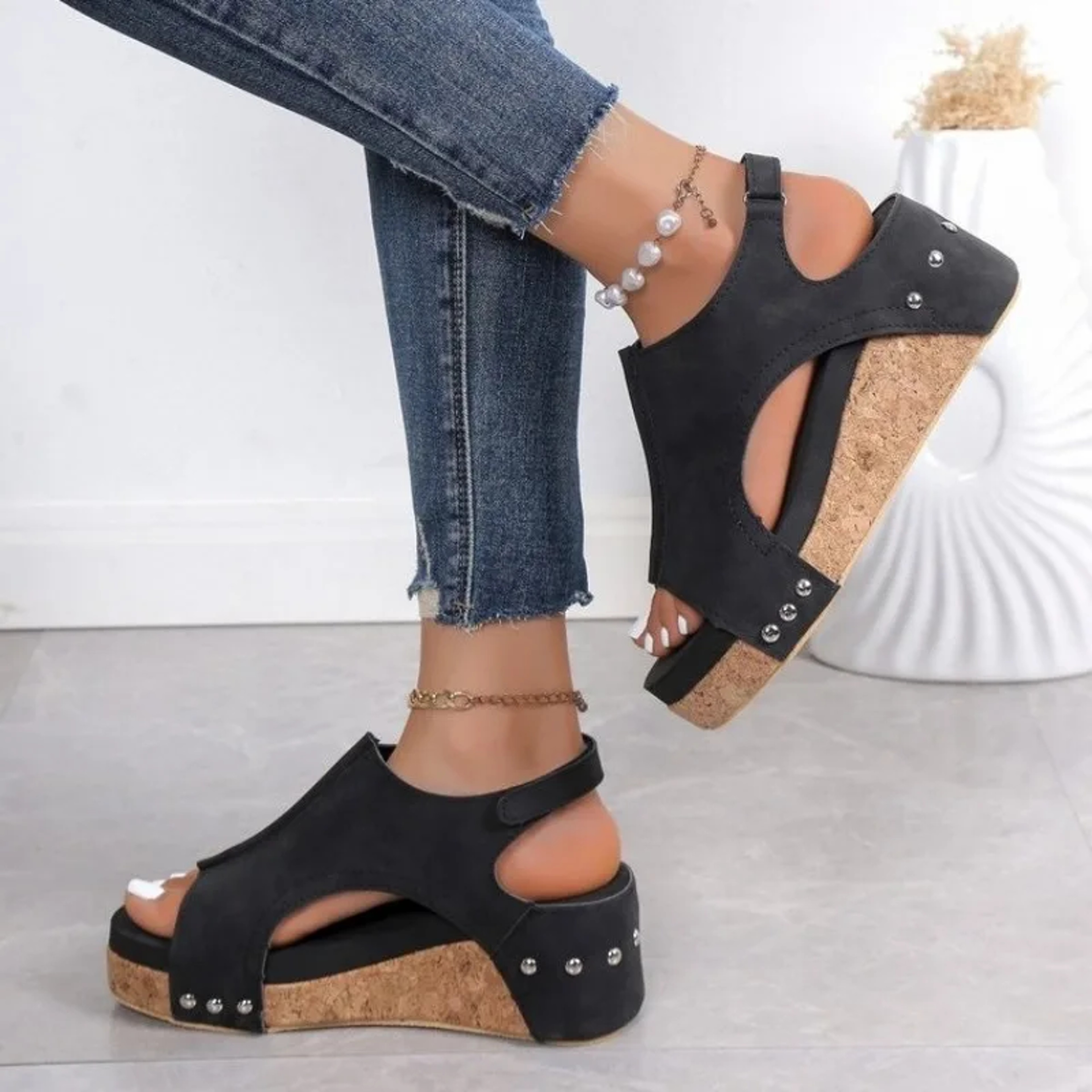 Womens Casual Shoes, Summer Peep Toe Wedge Sandals, Fashion Solid Color Flat High Heels – view 6