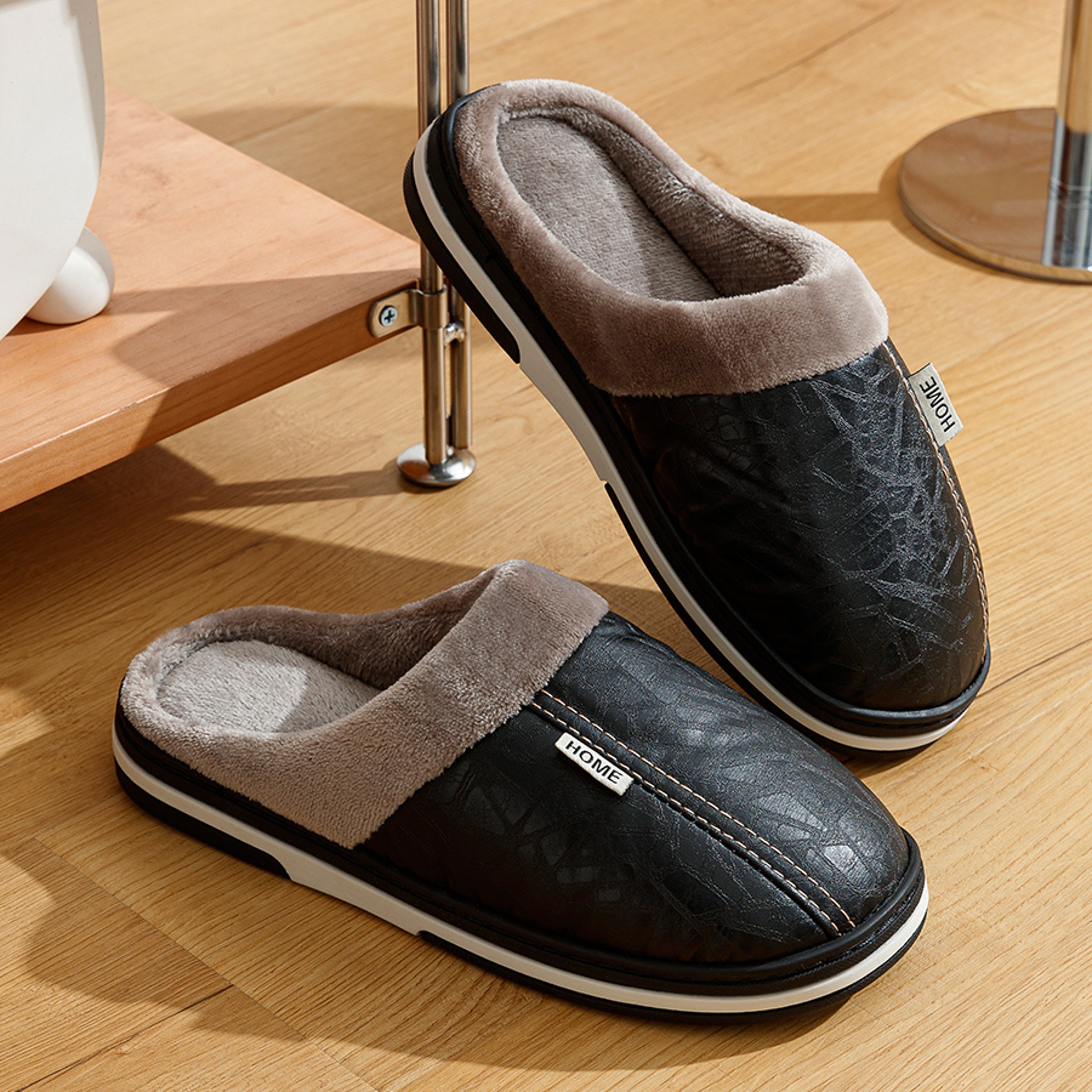 Waterproof PU Leather Mens Winter Slippers With Warm Fur Lined House Shoes Big Size For Home Bedroo 0