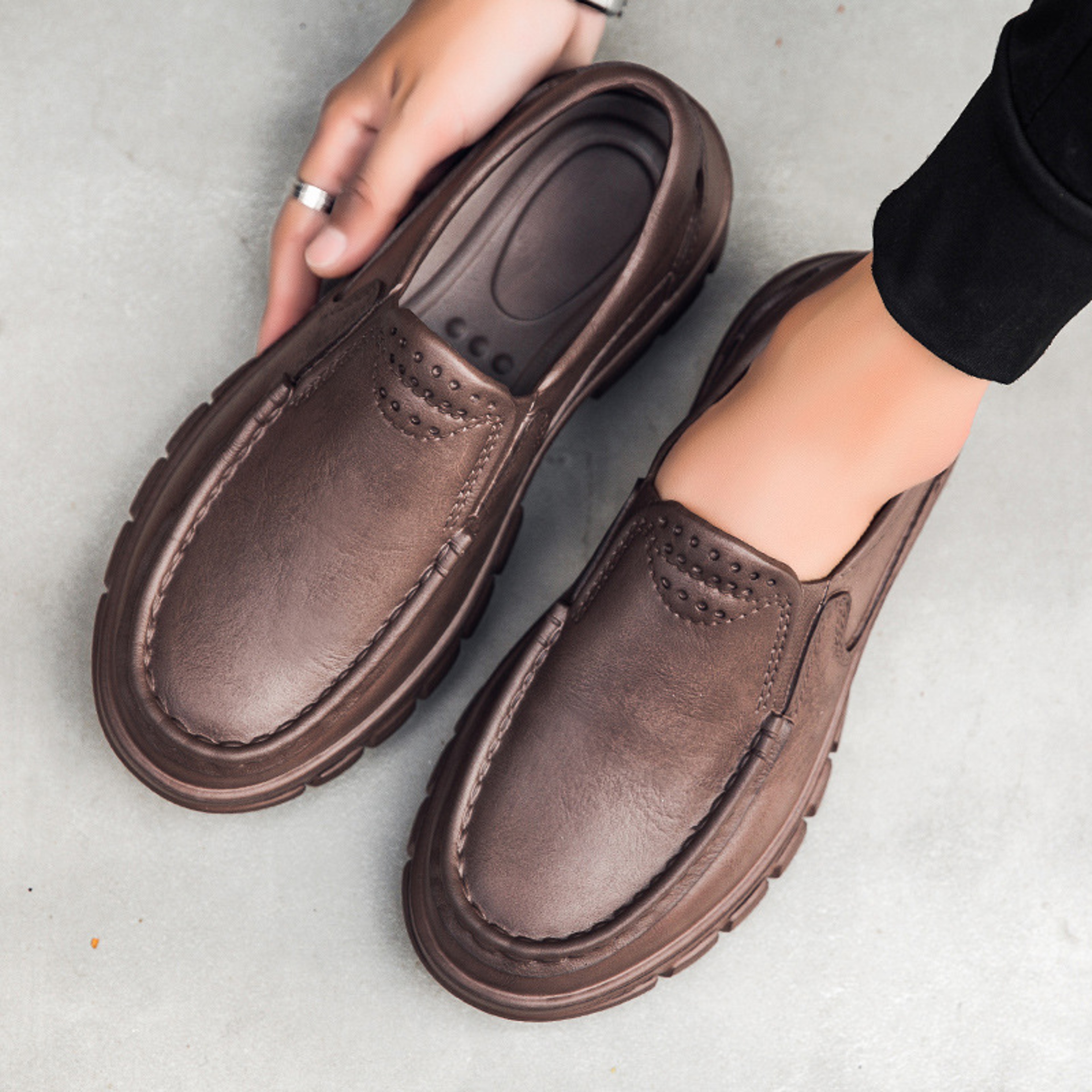 Mens Fashion Leather Casual Shoes Waterproof Driving Loafers Nonslip EVA Chef Shoes Comfort Soft So 1