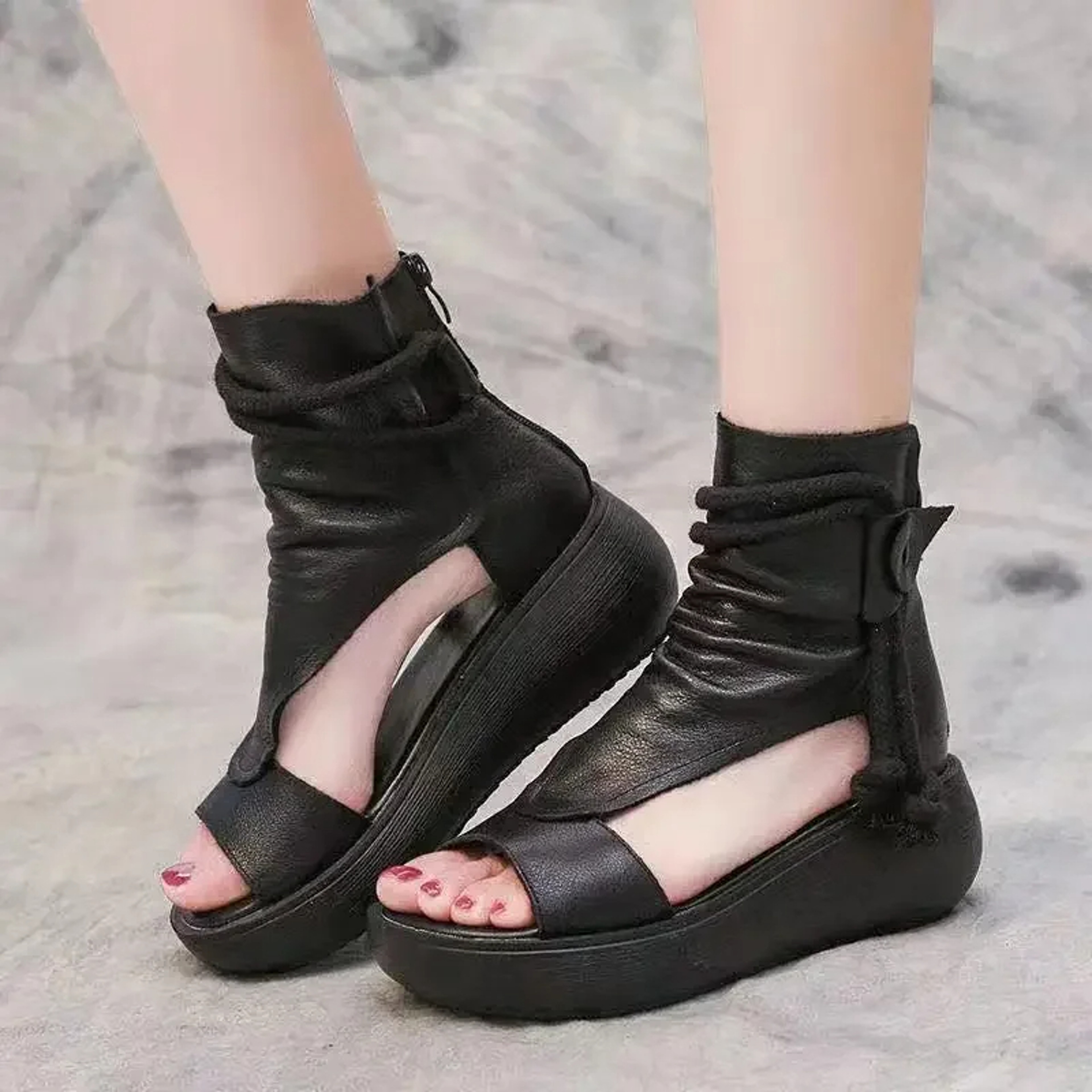 Fashion Leather Women Boots Retro Sandals Breathable Platform Shoes Mid Heels Women Wedges 1