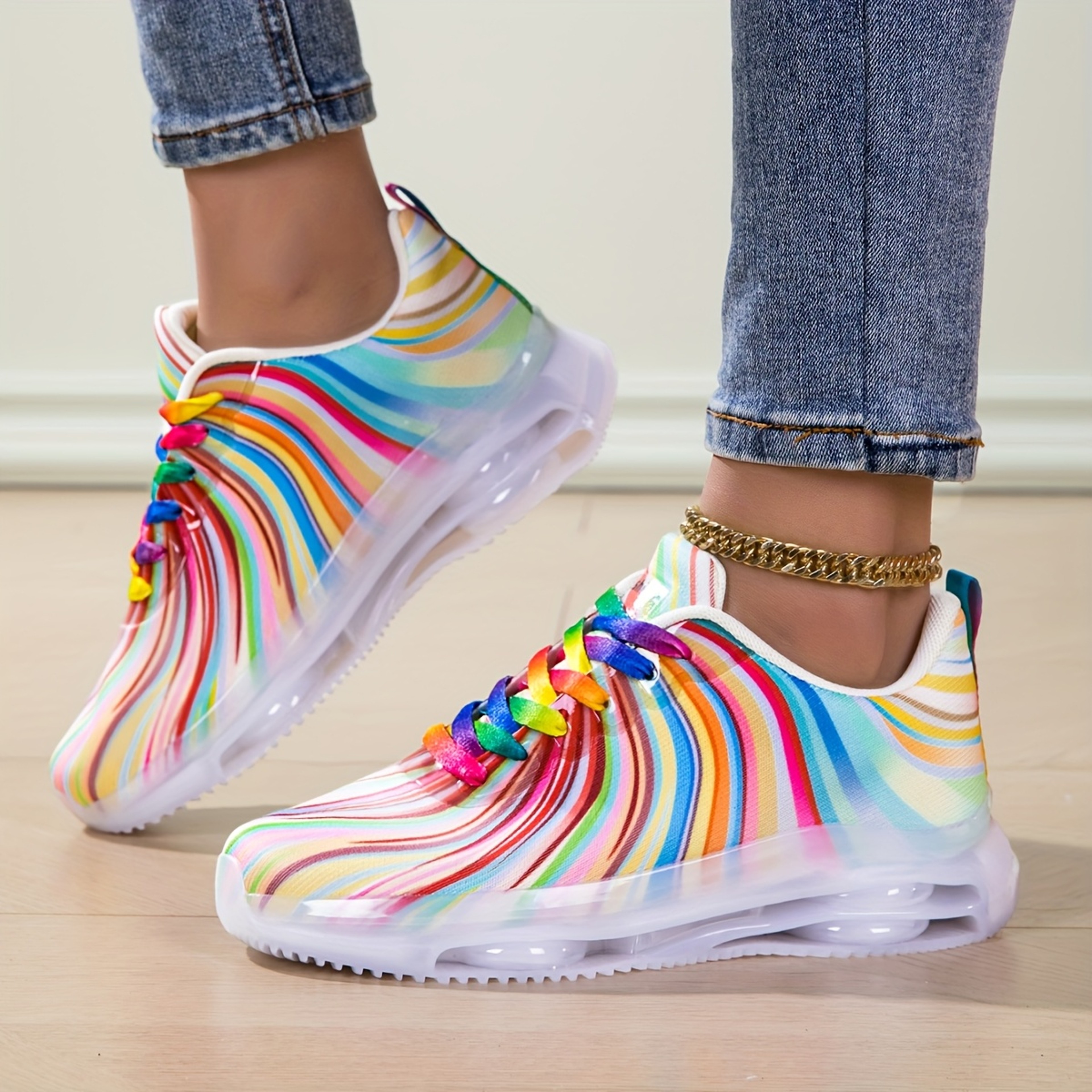 Rainbow Stripe Womens Mesh Sneakers Lightweight Lace Up Casual Walking Shoes – view 1