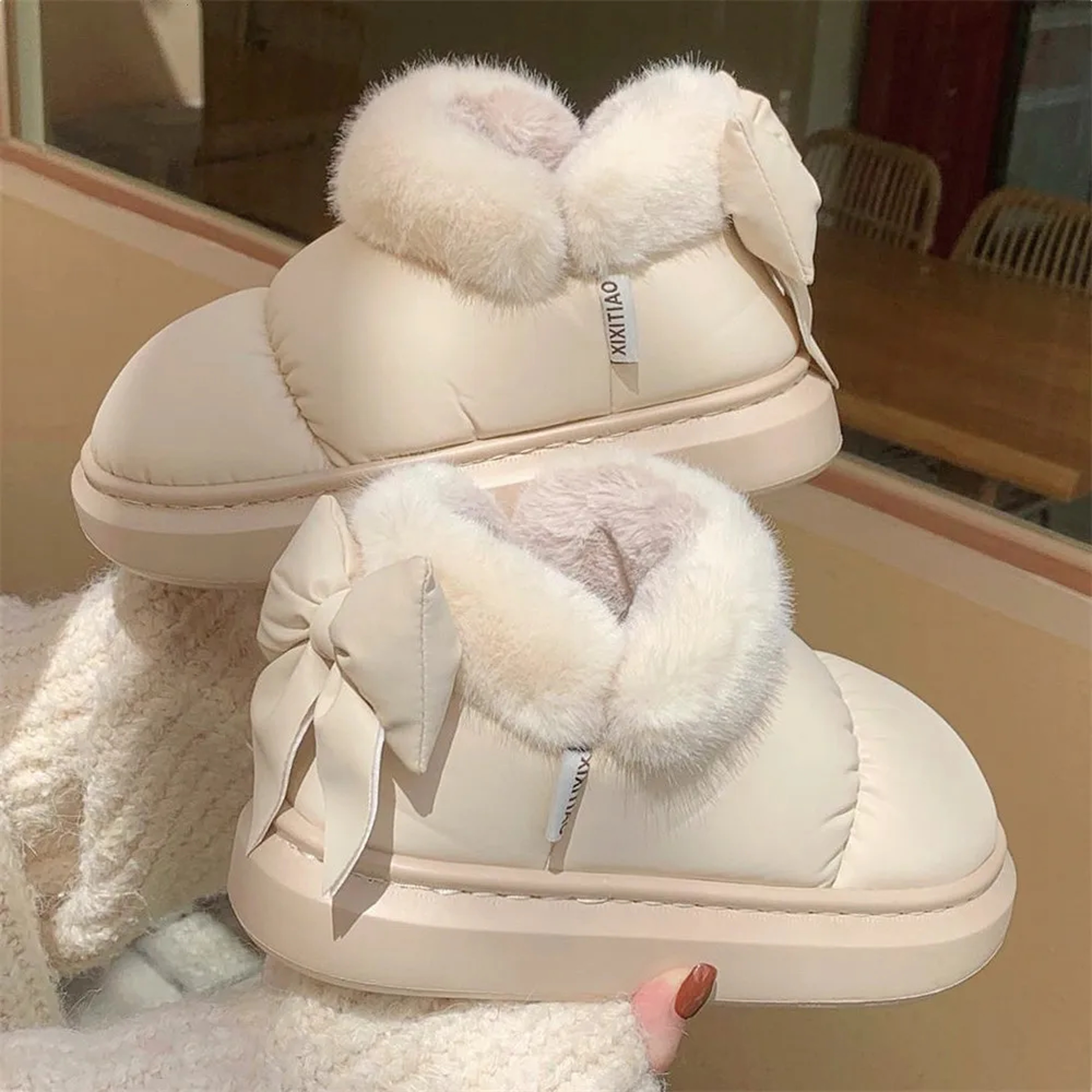 Cute Warm Ankle Boots Waterproof Down Cloth Winter Womens Snow Boots Plush Bow Cotton Shoes Short B 0