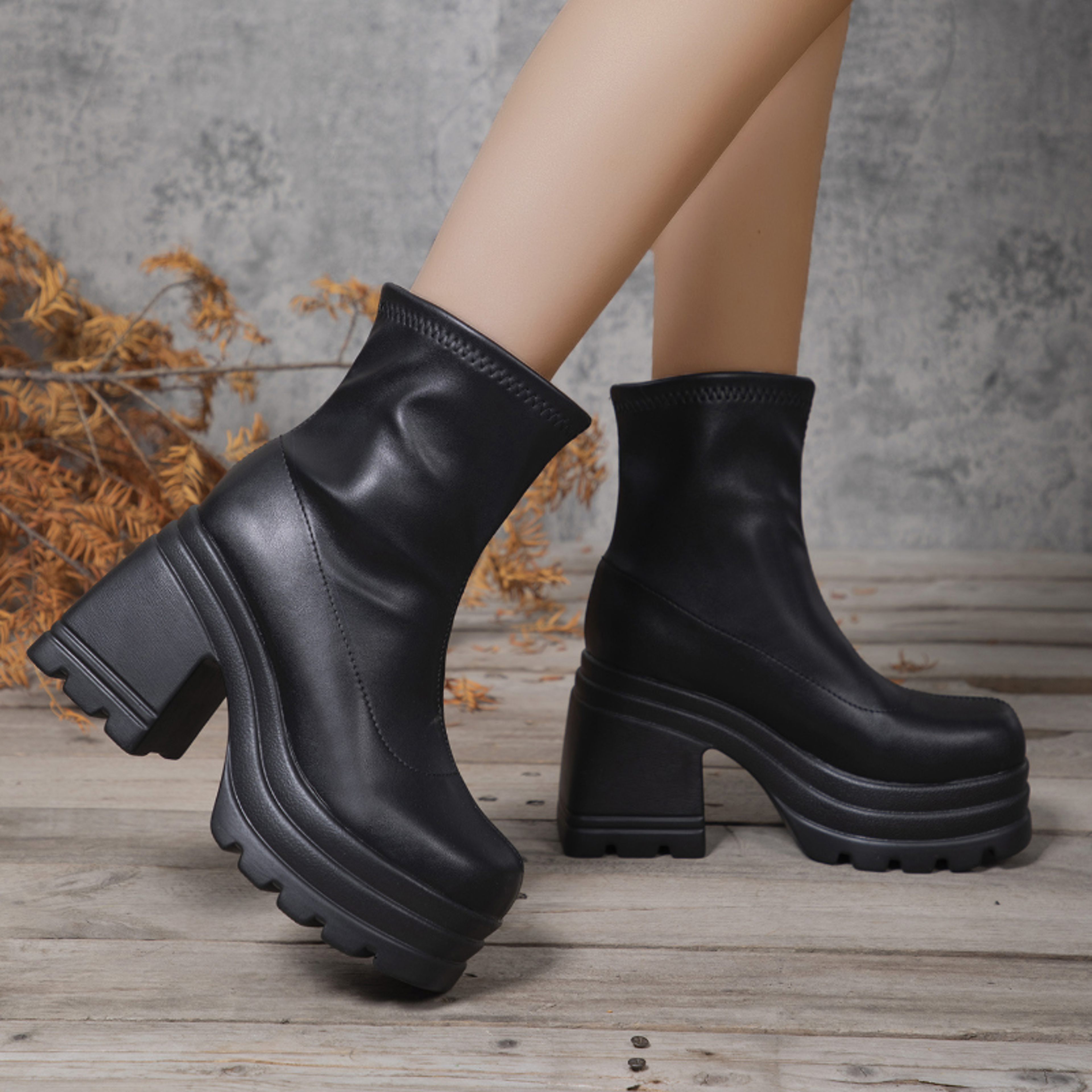 Sexy Leather Women Short Boots Casual Zipper High Heels Square Toe Casual Thick Soled Shoes for Women – view 2