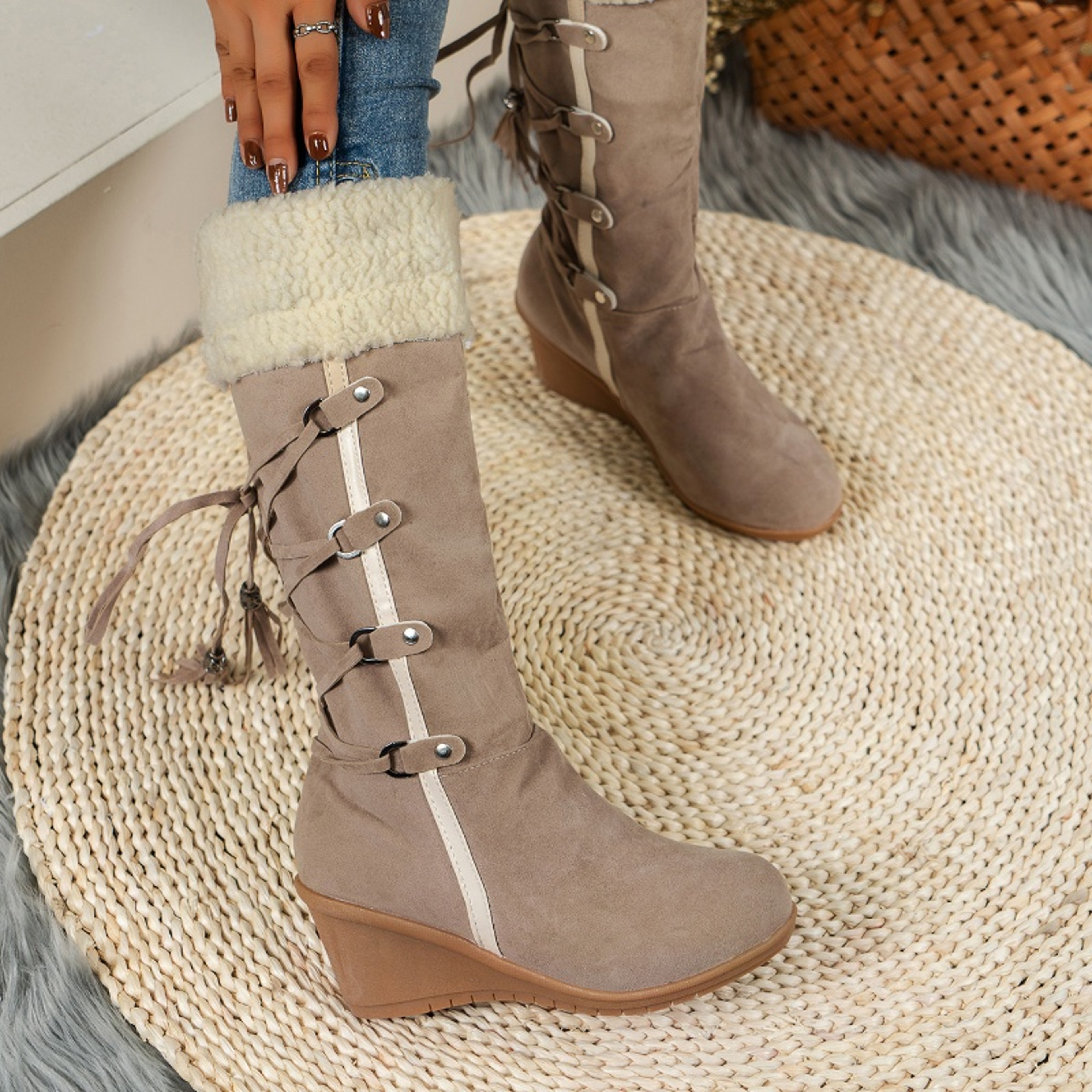 New Casual Womens Shoes With Wedge Heel Cross Strap Winter Boots Comfortable And Warm 3