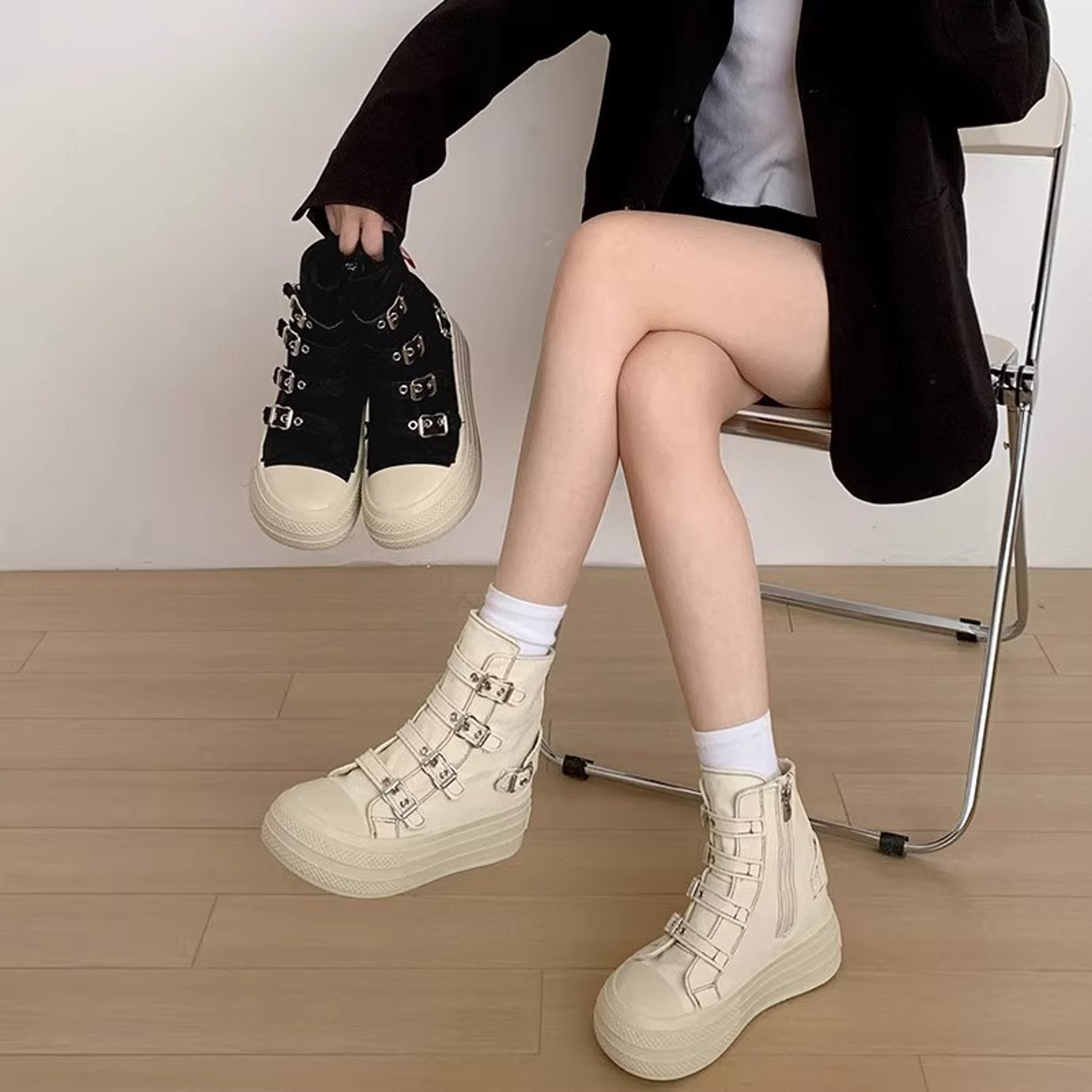 Buckle Strap Canvas Shoe for Women, High Top Female Shoes Design, High Street Grace Walking Zip Simplicity Style – view 3