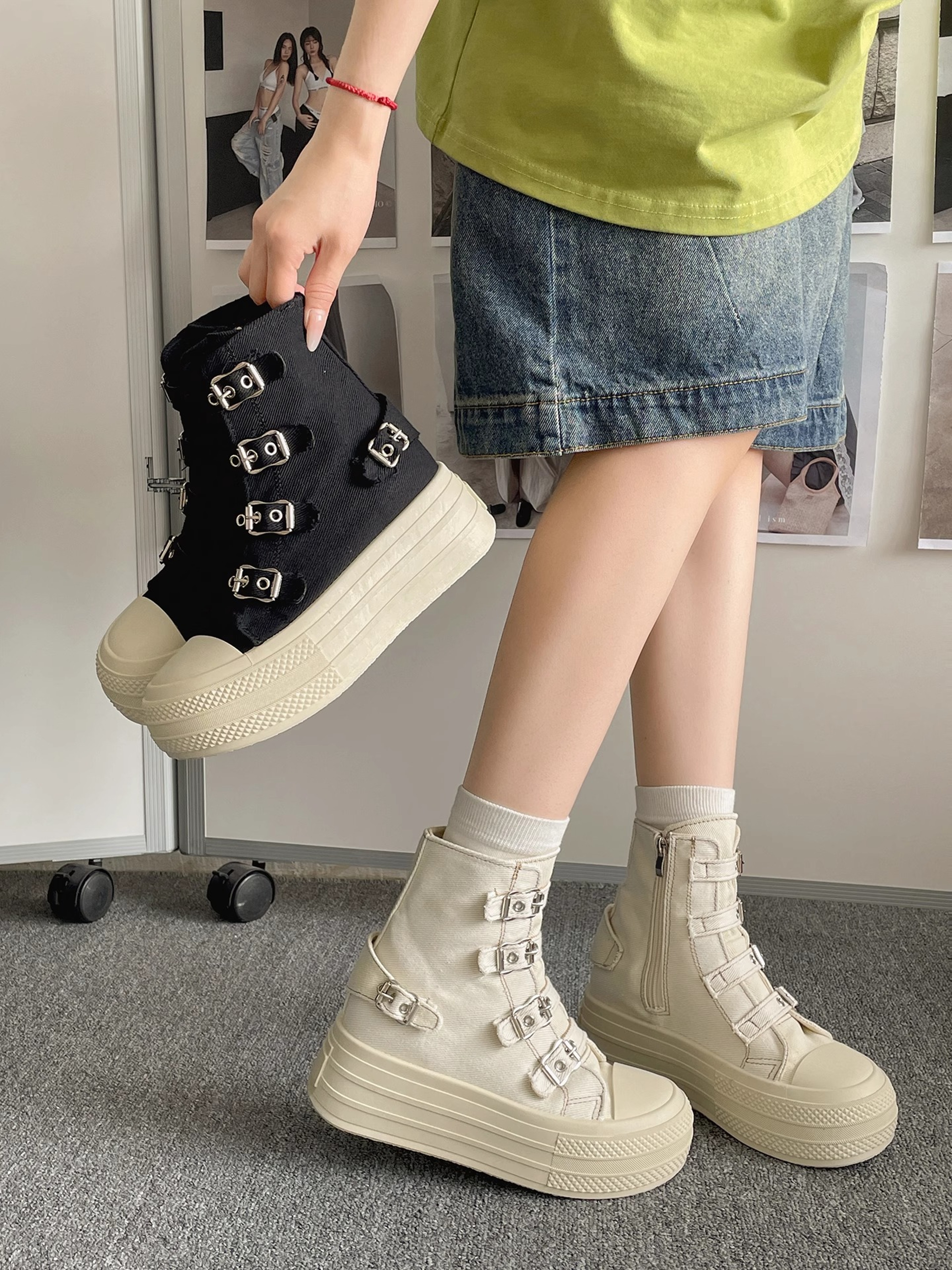 Buckle Strap Canvas Shoe for Women, High Top Female Shoes Design, High Street Grace Walking Zip Simplicity Style – view 5