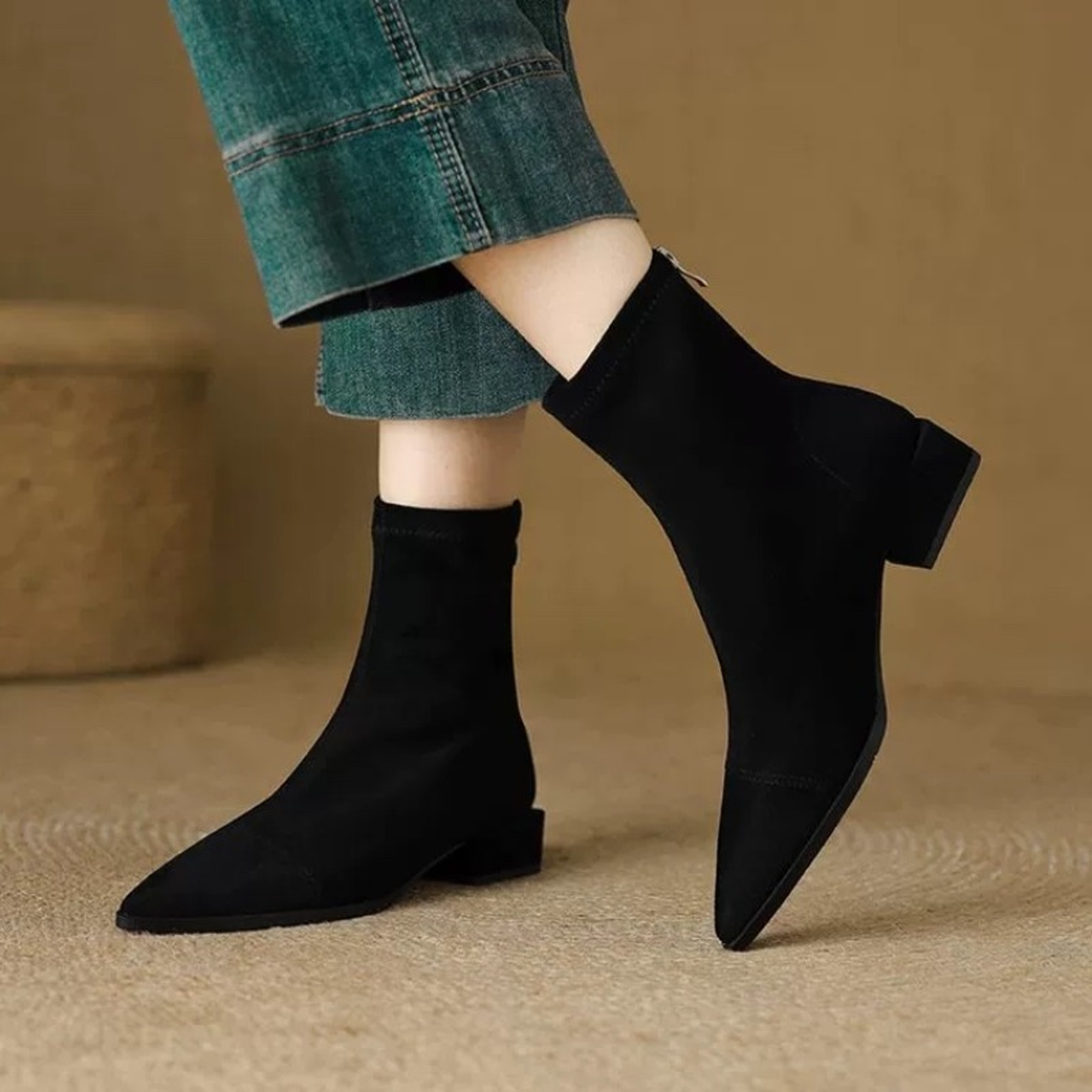 Winter Fashion Pointedtoe Plussize Womens Boots With Zippers Slim Lowheeled Nude Short Boots 3