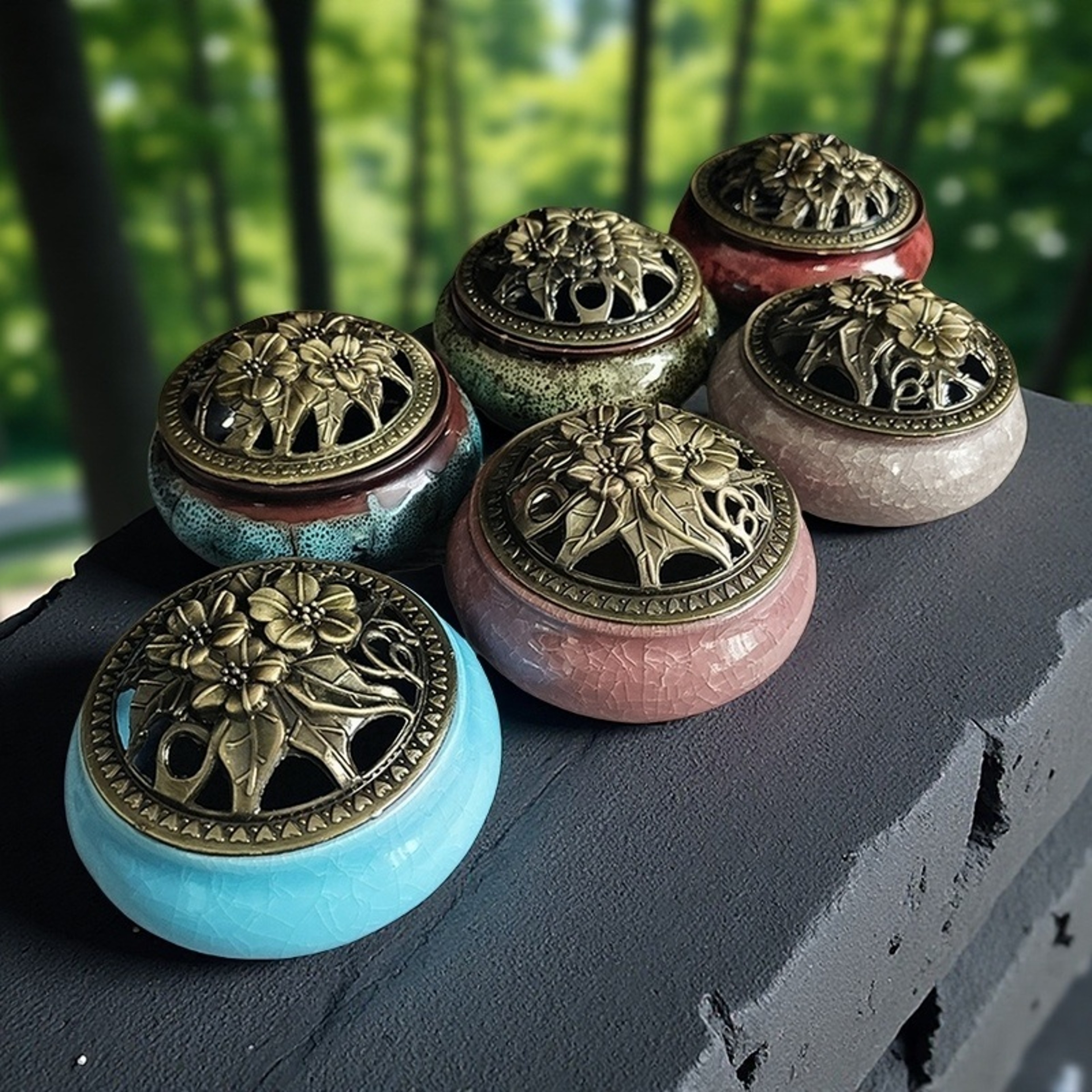 Ceramic Ice Crack Coil Incense Burner Copper Cover Aroma Diffuser Plate Colorful Antique Alloy Home 2