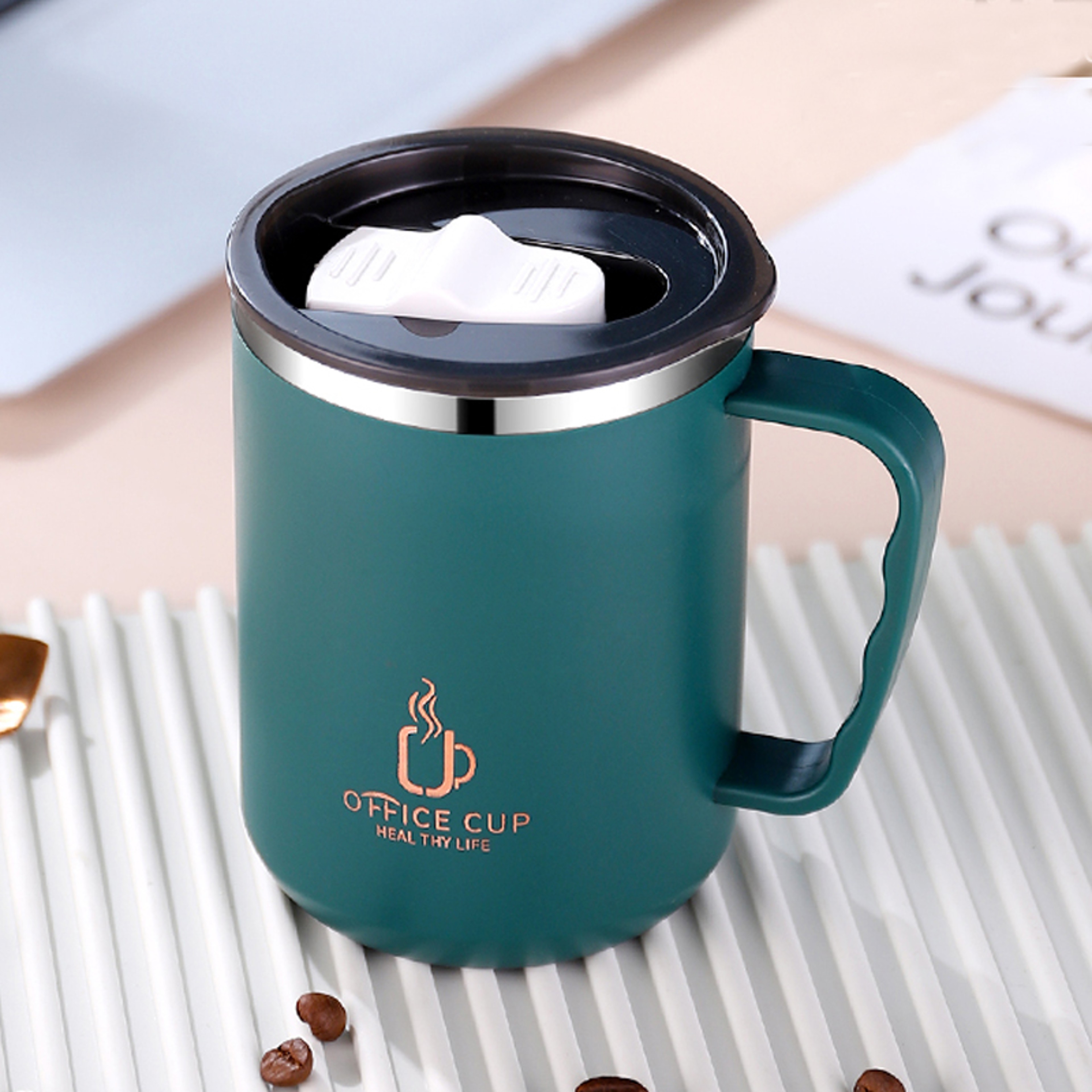 Stainless Steel Coffee Mug, Double Layers Water Bottle, Milk Cup With Handle, Plastic Lid – view 2