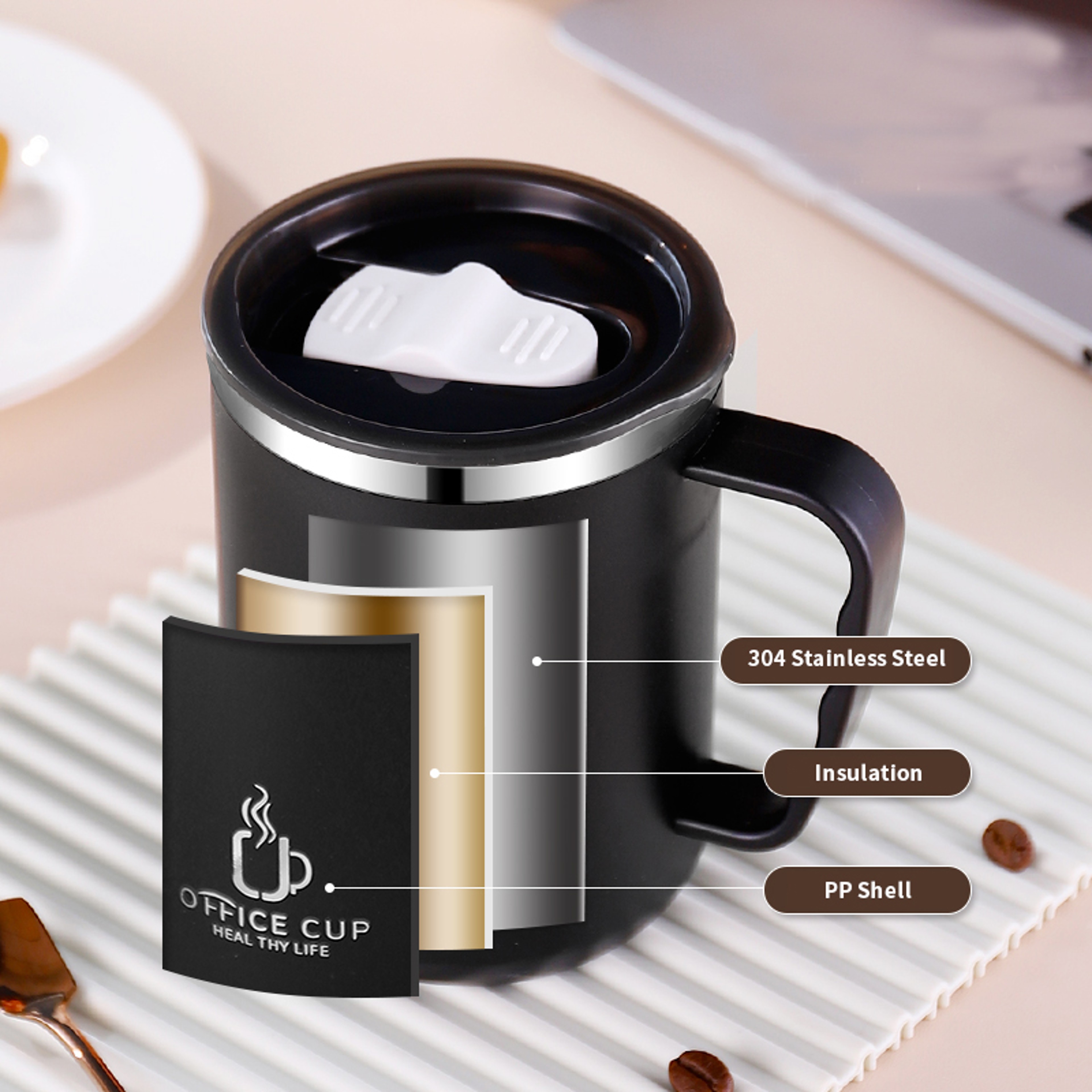 Stainless Steel Coffee Mug, Double Layers Water Bottle, Milk Cup With Handle, Plastic Lid – view 3