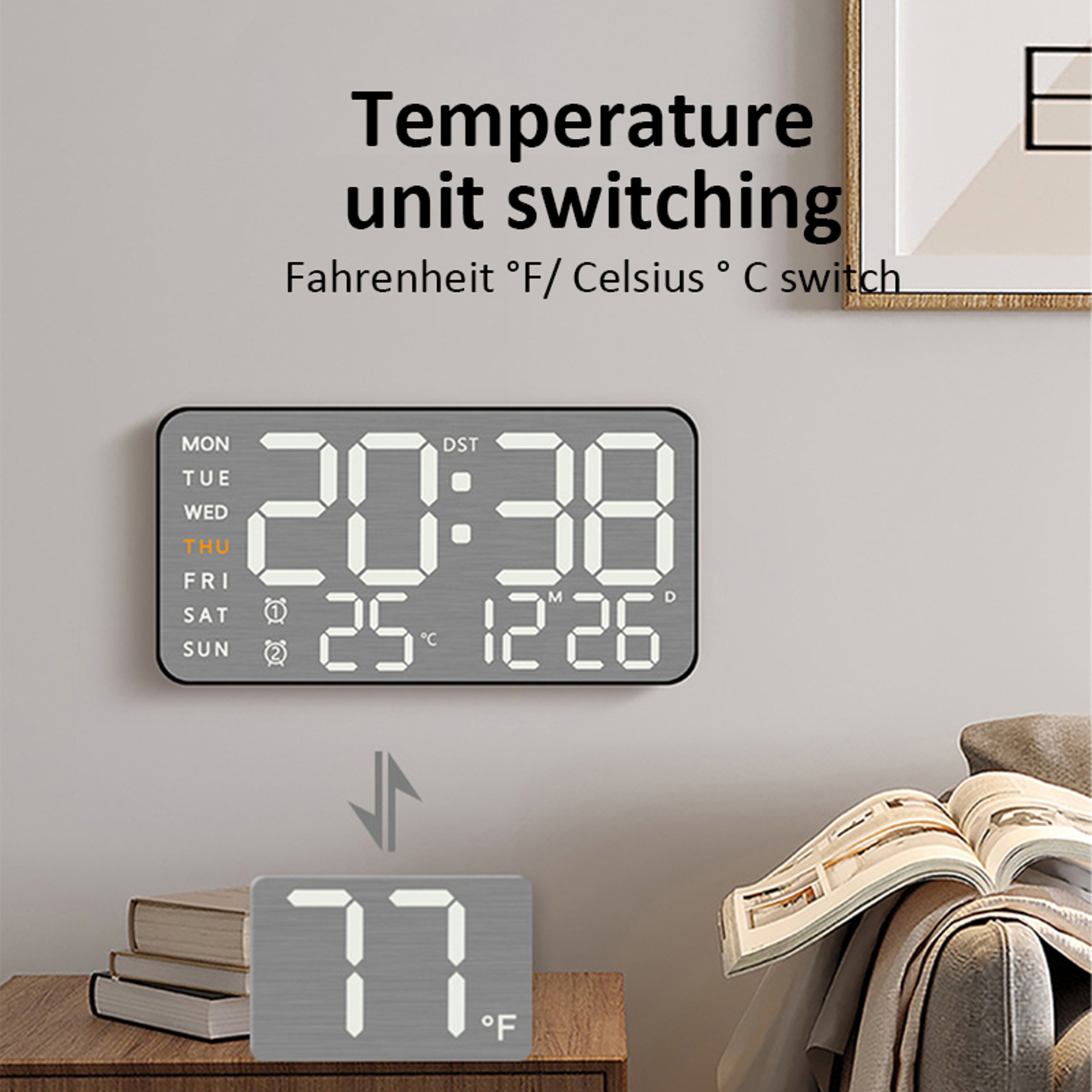 Mirror Brushed Finish Silent Wall Clock, Premium Feel Table Alarm Clock, Temp Display Bedroom Office Living Room Decor – view 2