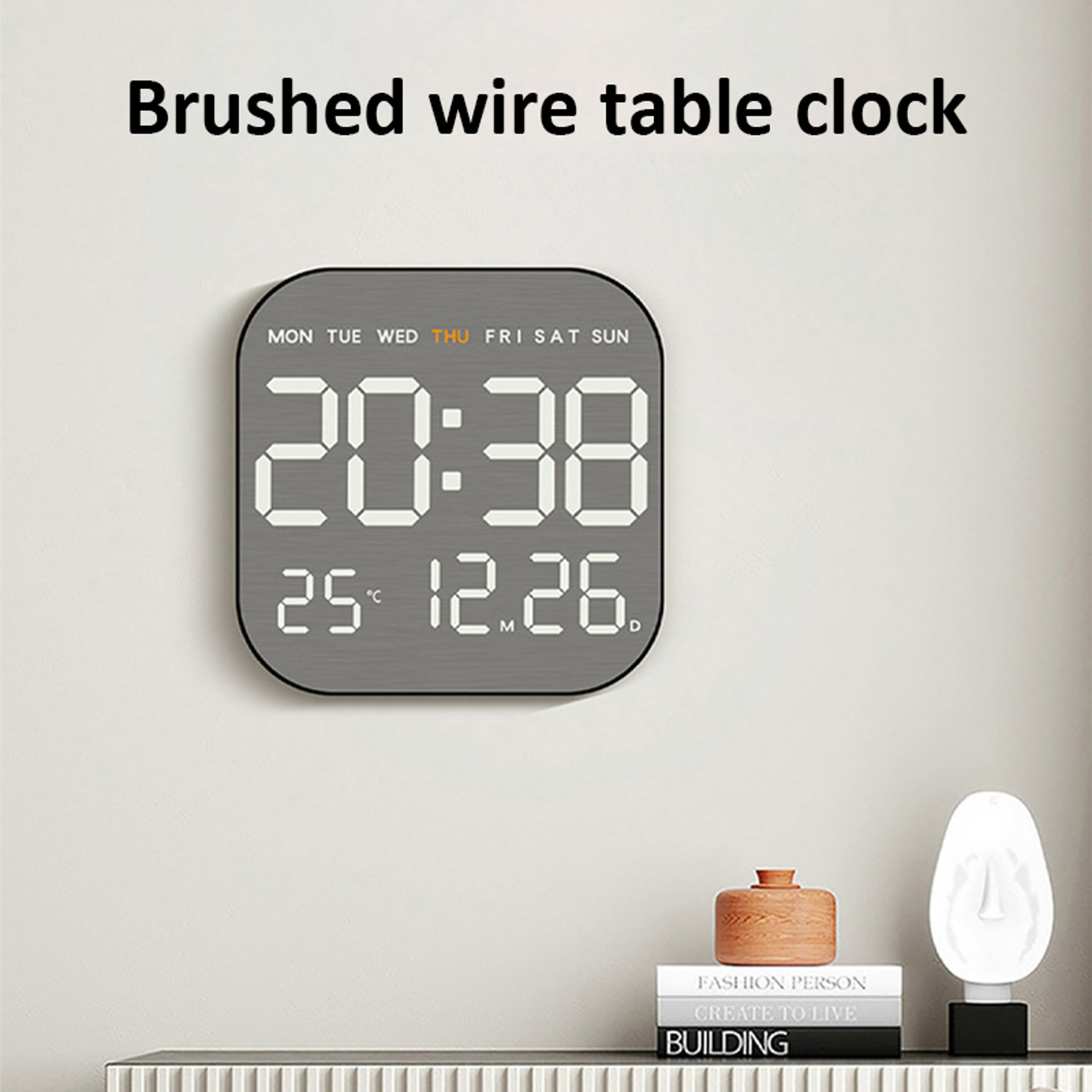 Mirror Brushed Finish Silent Wall Clock, Premium Feel Table Alarm Clock, Temp Display Bedroom Office Living Room Decor – view 3