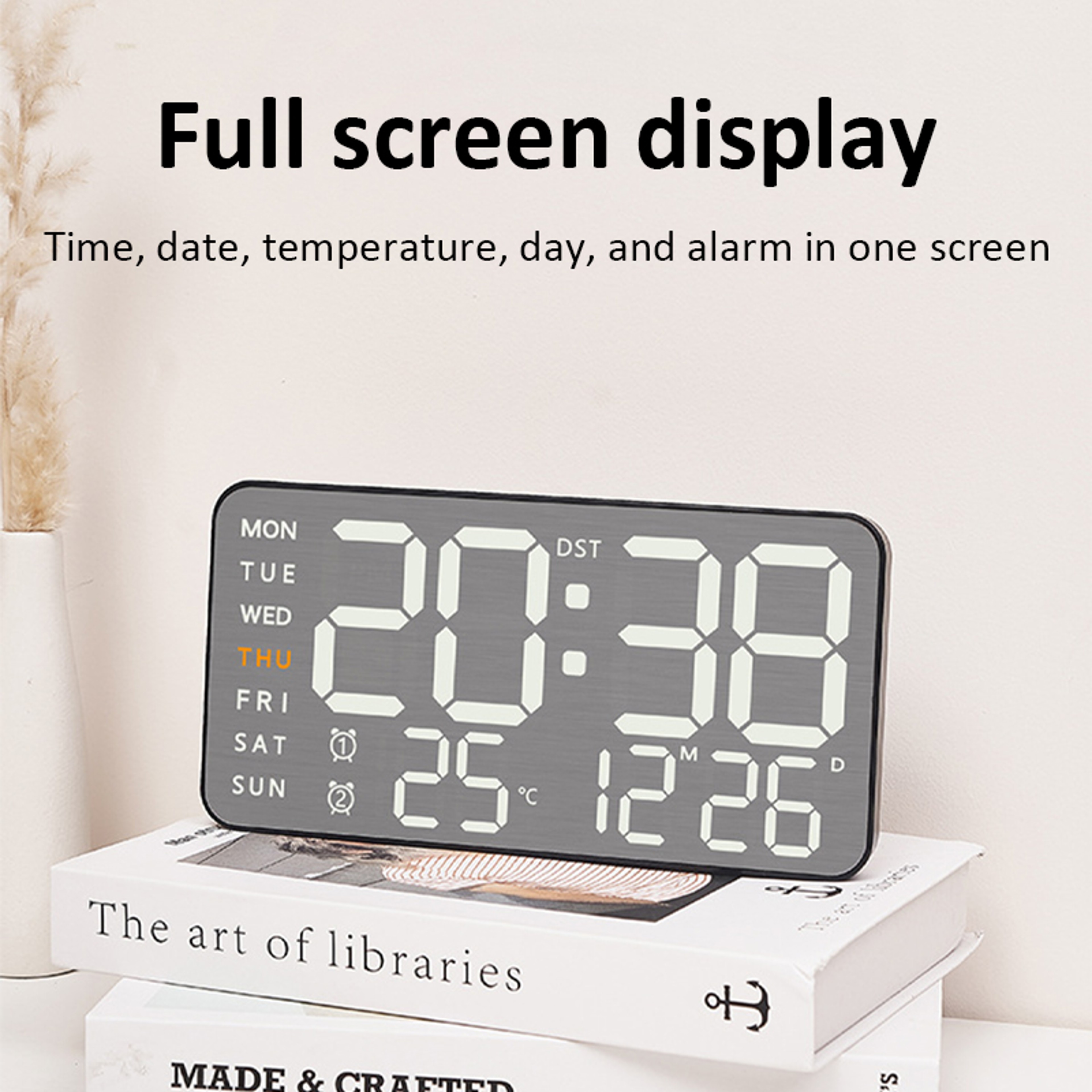 Mirror Brushed Finish Silent Wall Clock, Premium Feel Table Alarm Clock, Temp Display Bedroom Office Living Room Decor – view 4