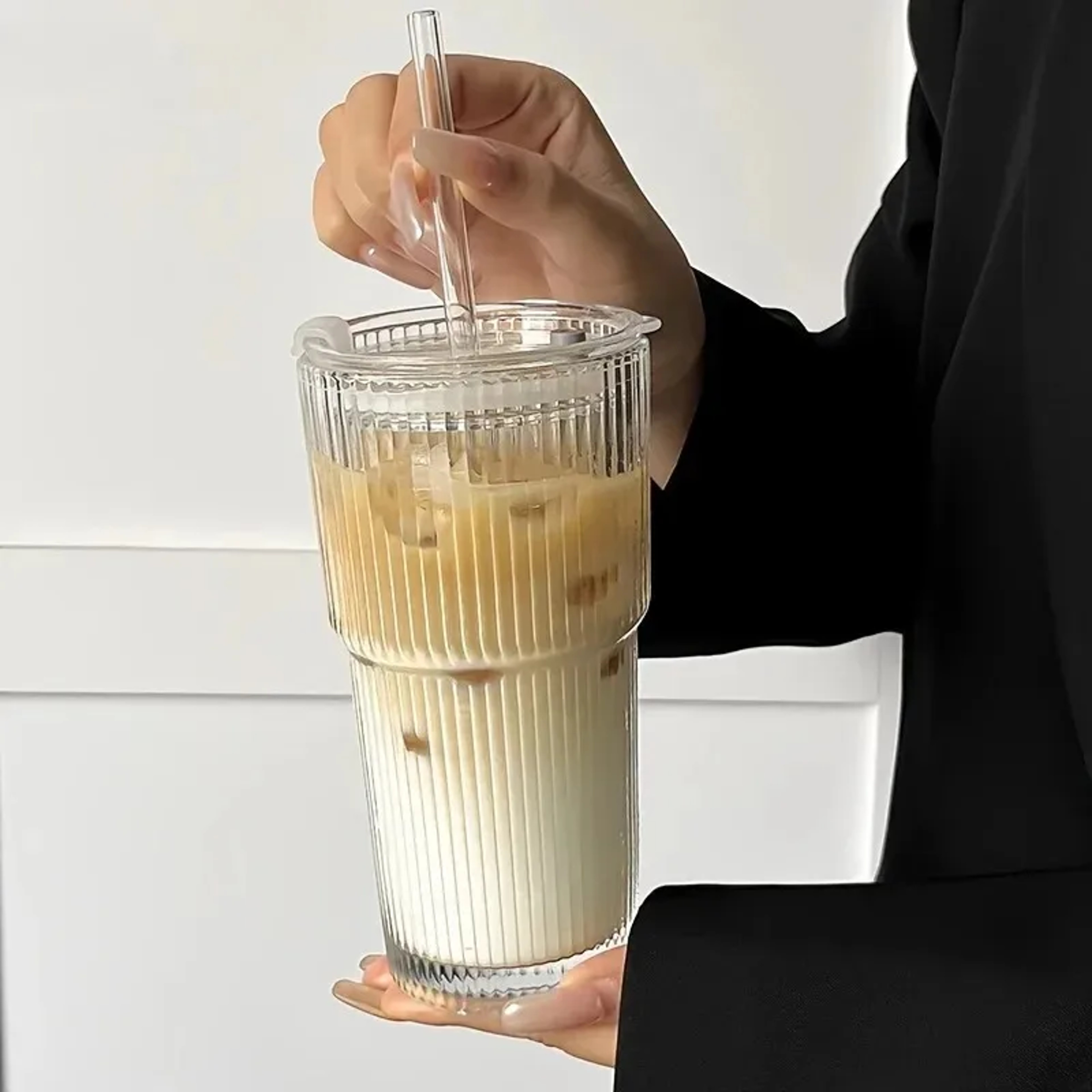 Stripe Glass Cup Transparent Glasses With Lid And Straw Ice Coffee Mug Tea Cup Juice Glass Milk Wat 3