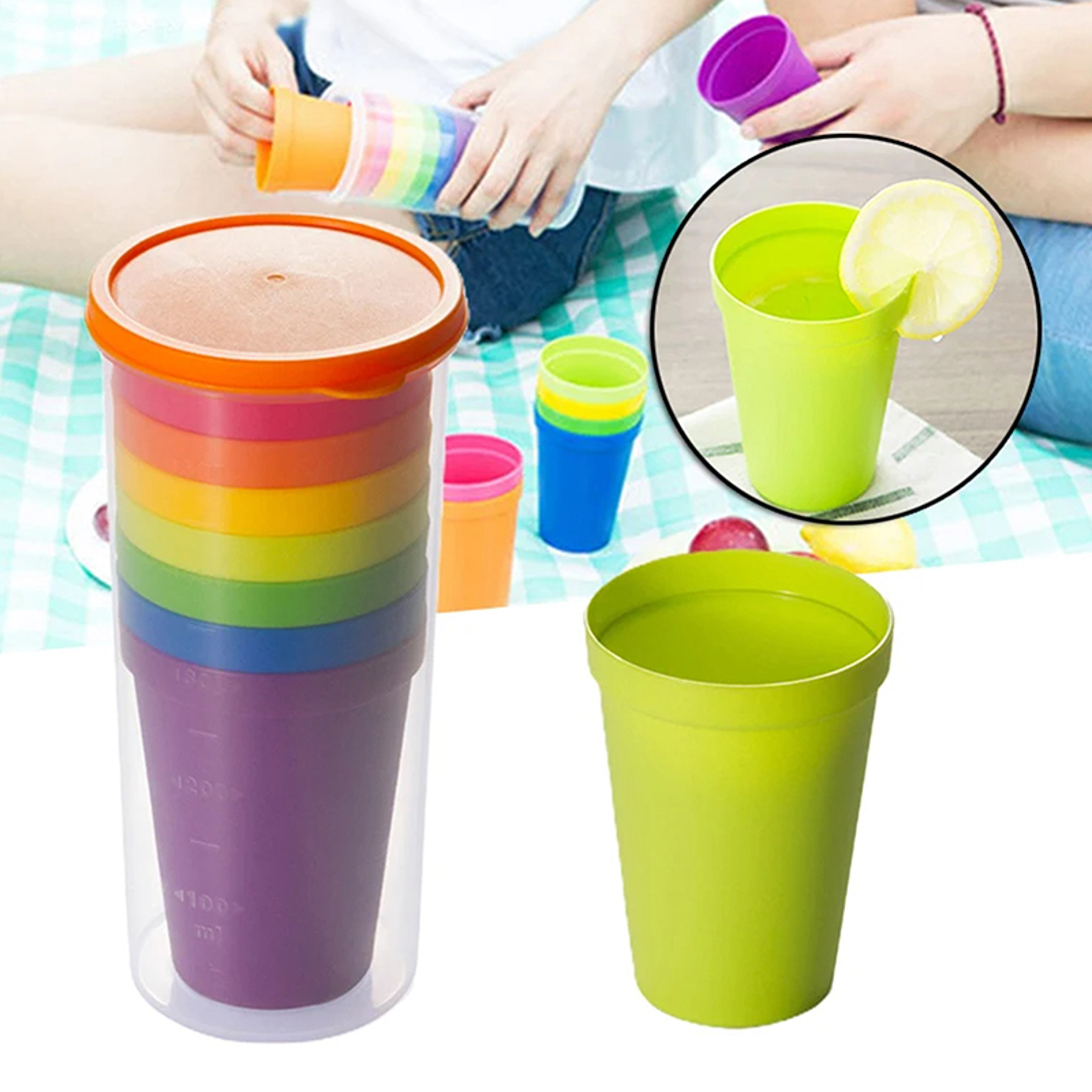 7pcs Rainbow Plastic Cups Set Reusable Travel Water Mug Portable Party Kids Drink Cup 1