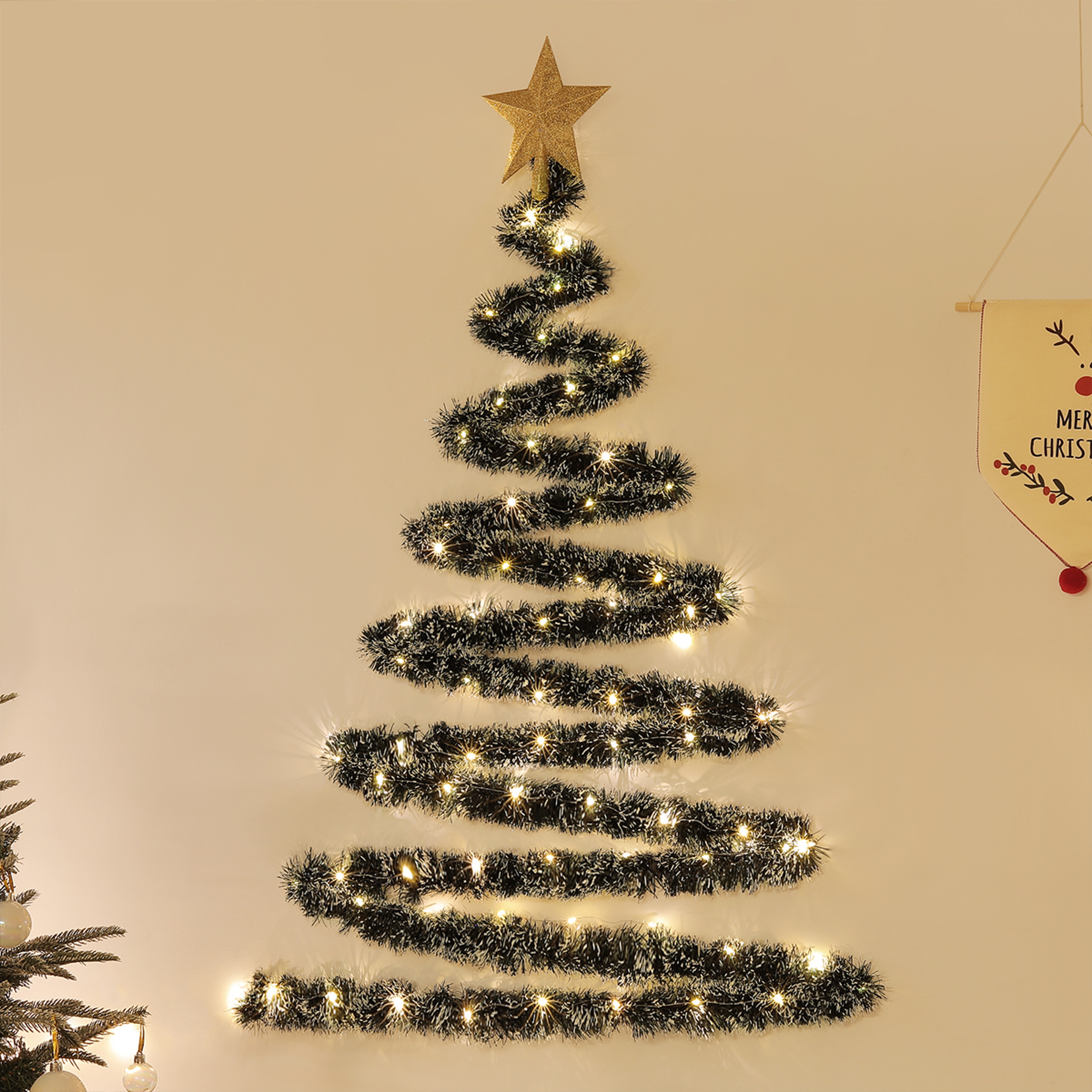 Flocked Christmas Tree, Star Decoration Lights, Pearl Tree Topper, Party Background Wall Arrangement Suitable for Walls – view 4