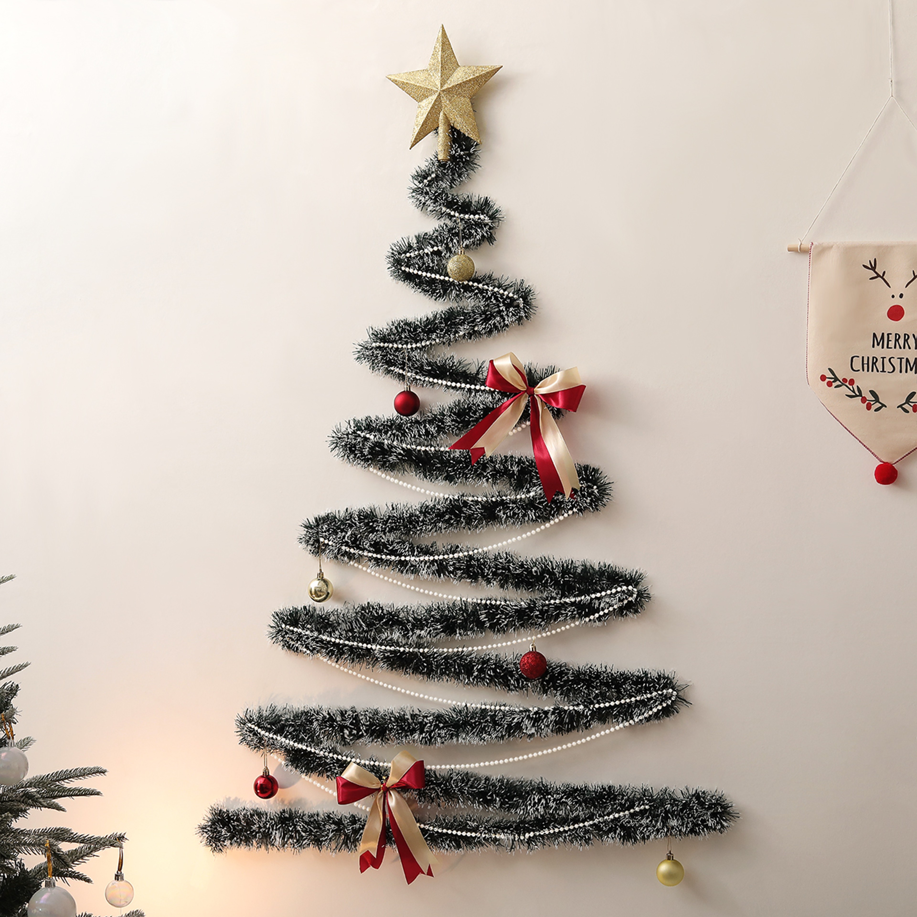 Flocked Christmas Tree, Star Decoration Lights, Pearl Tree Topper, Party Background Wall Arrangement Suitable for Walls – view 10