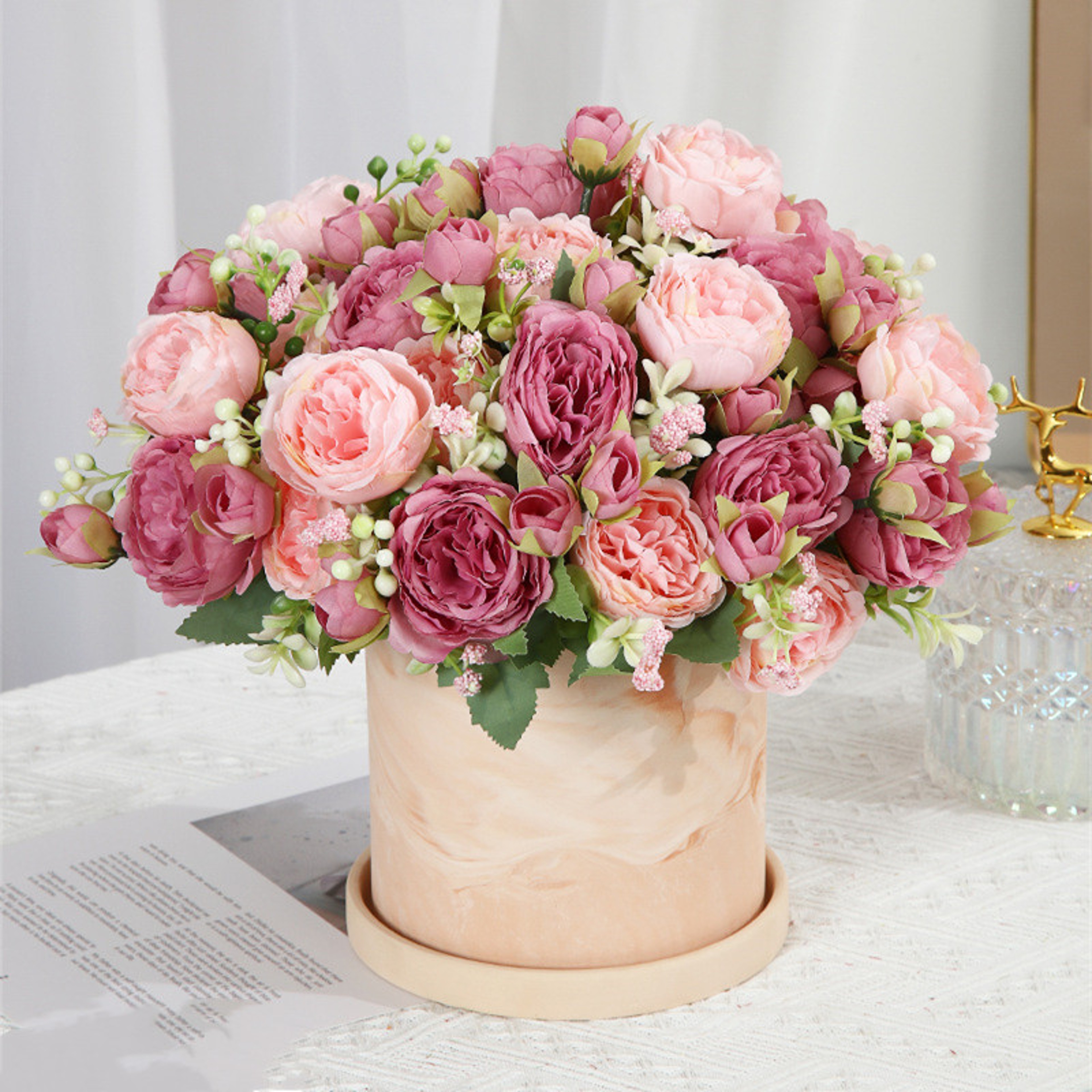 Artificial Flowers Pink White Rose Bouquet, Silk Rose Flower, Home Garden Decoration Wedding Roses, Fake Flowers – view 2