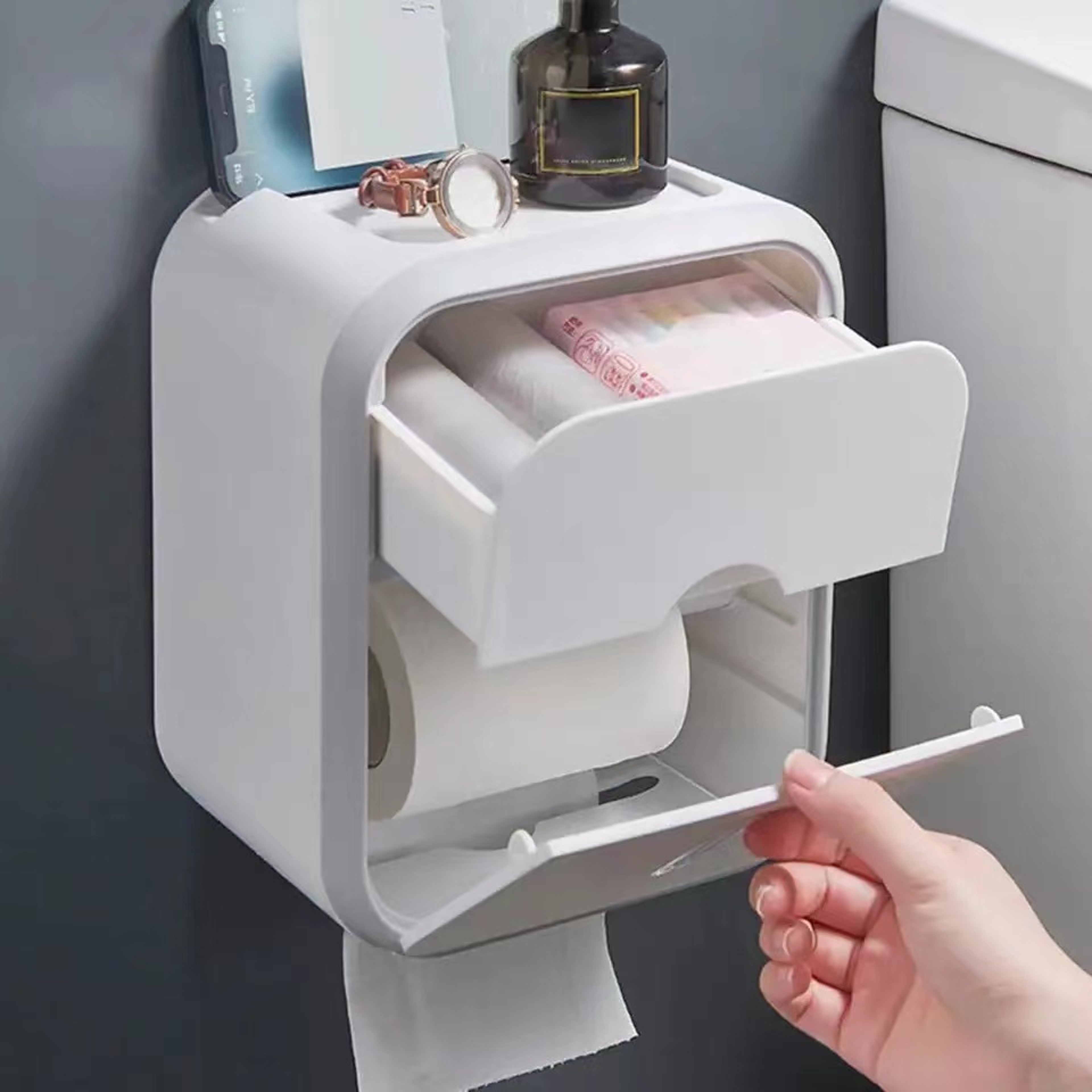 Waterproof Toilet Paper Storage Box Organizer High Capacity Dustproof Punchfree Wall Mounted For Ba 0