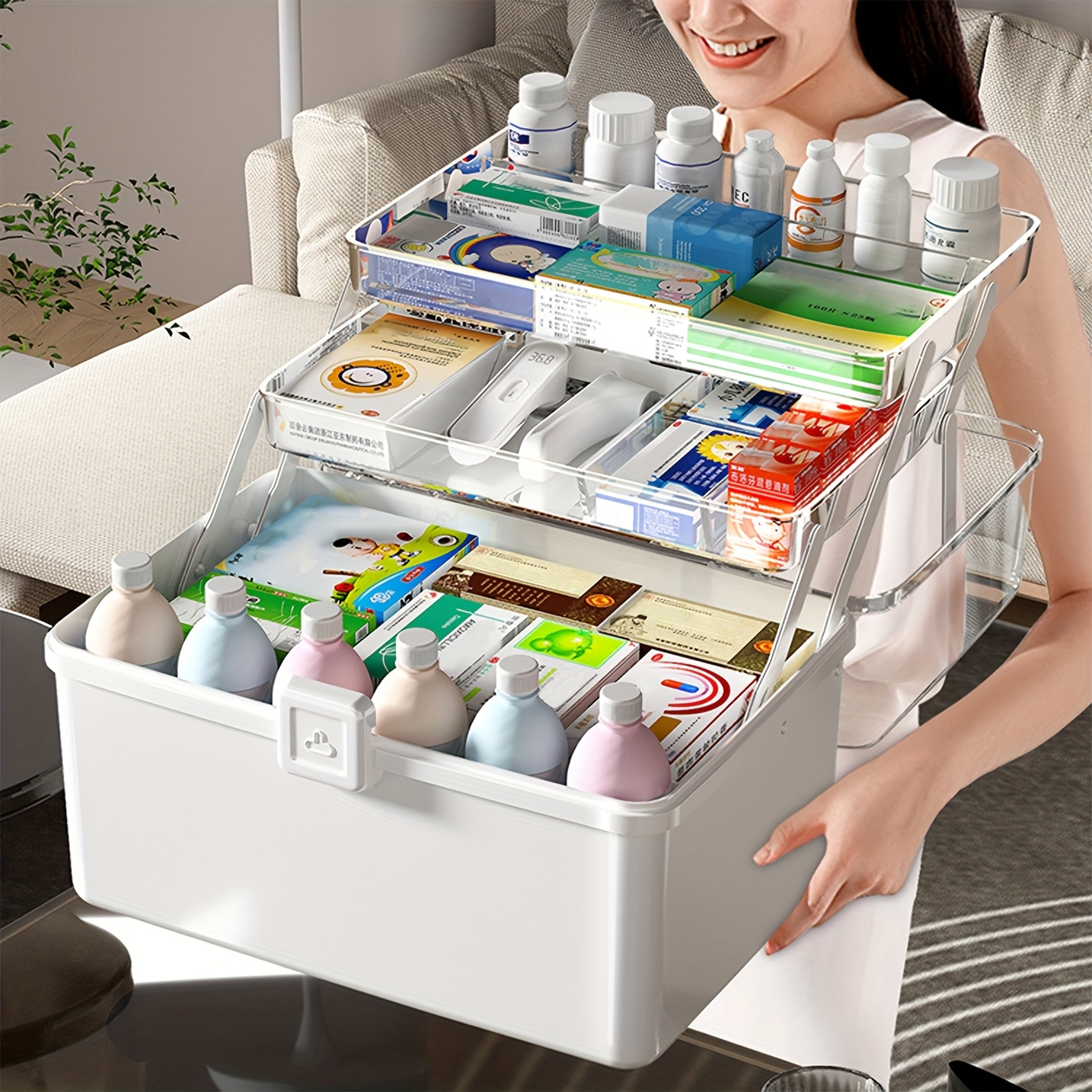 Three layer large capacity household medicine box, foldable toolbox multi functional storage box, art handicraft storage – view 1