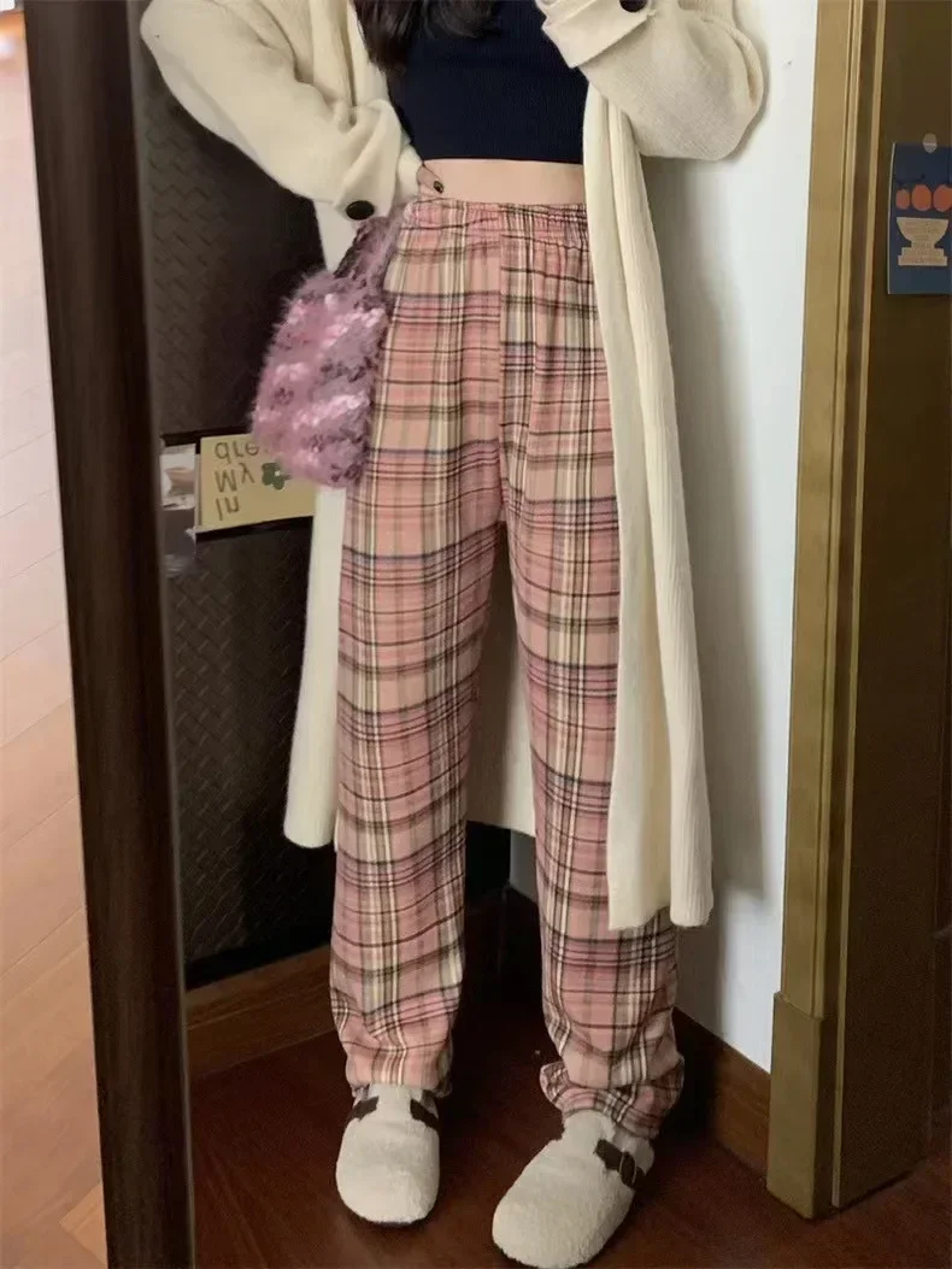 Fashion Warm Plush Pants Cashmere Thick Plaid Ladies Winter Casual Loose Widelegged Pants For Stree 6