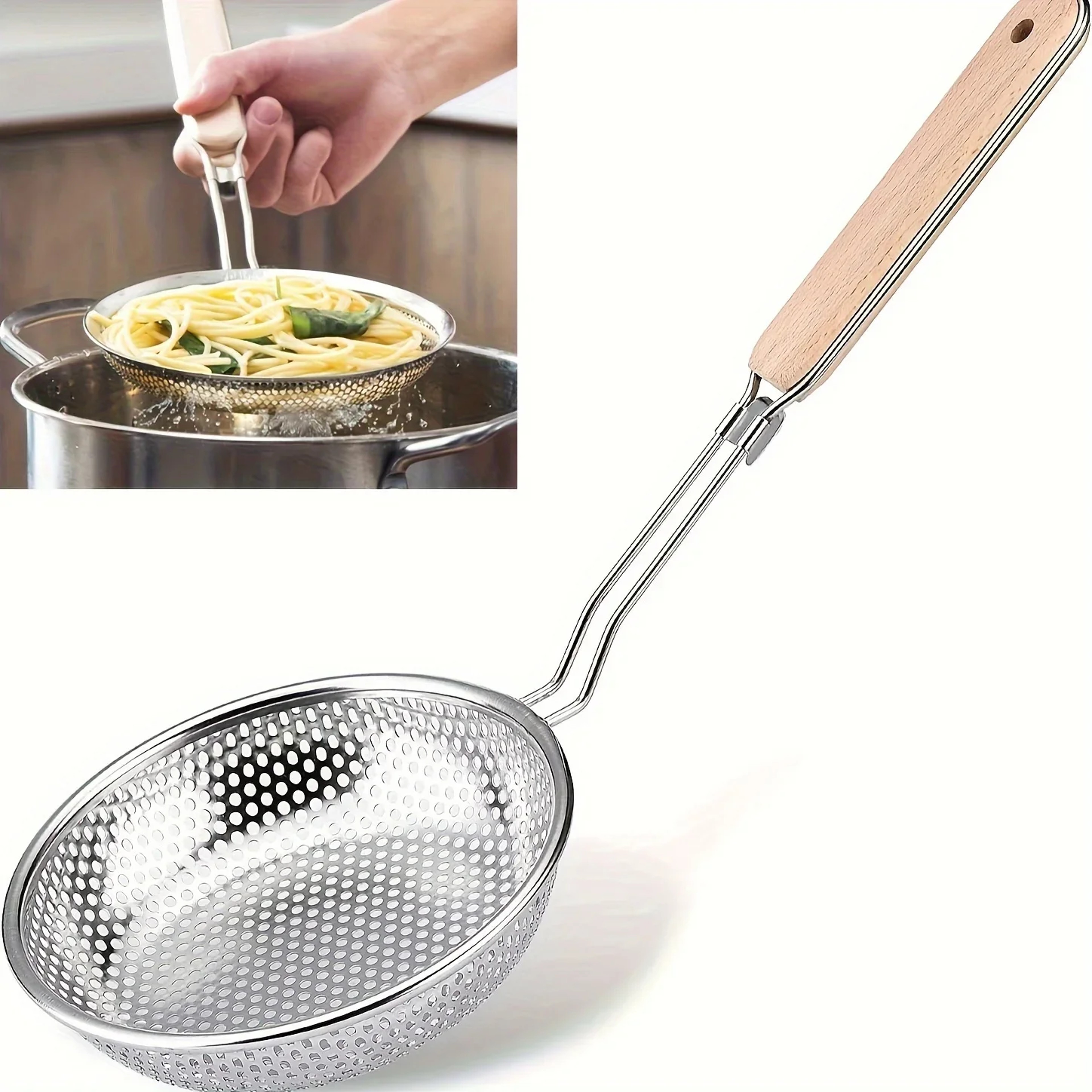 Stainless Steel Skimmer Wooden Handle Fine Mesh Perforated Filter Kitchen Tool For Hot Pot And Grea 0