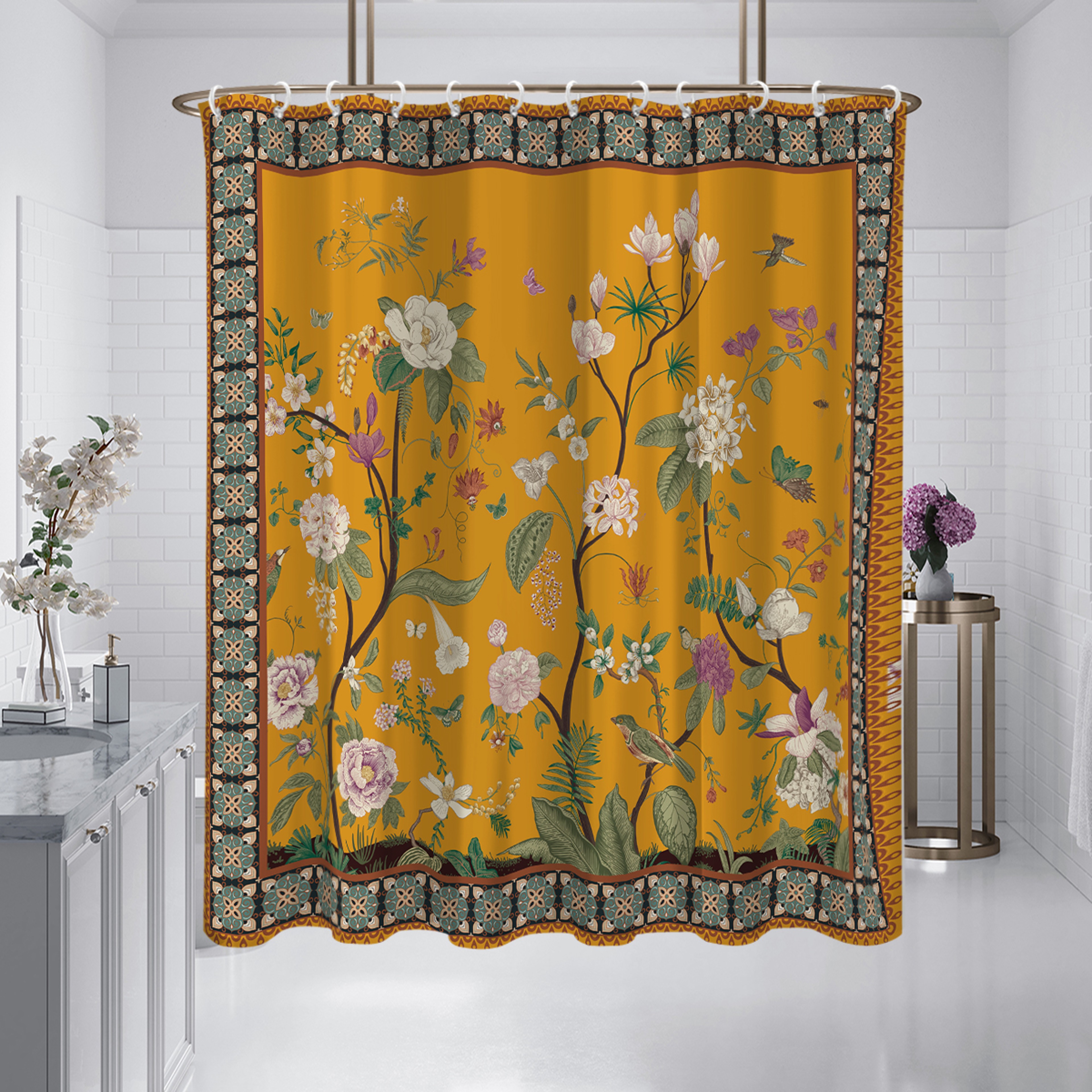 Yellow Retro Floral Pattern Printed Shower Curtain Partition, Bathroom Waterproof and Mildew Proof – view 7