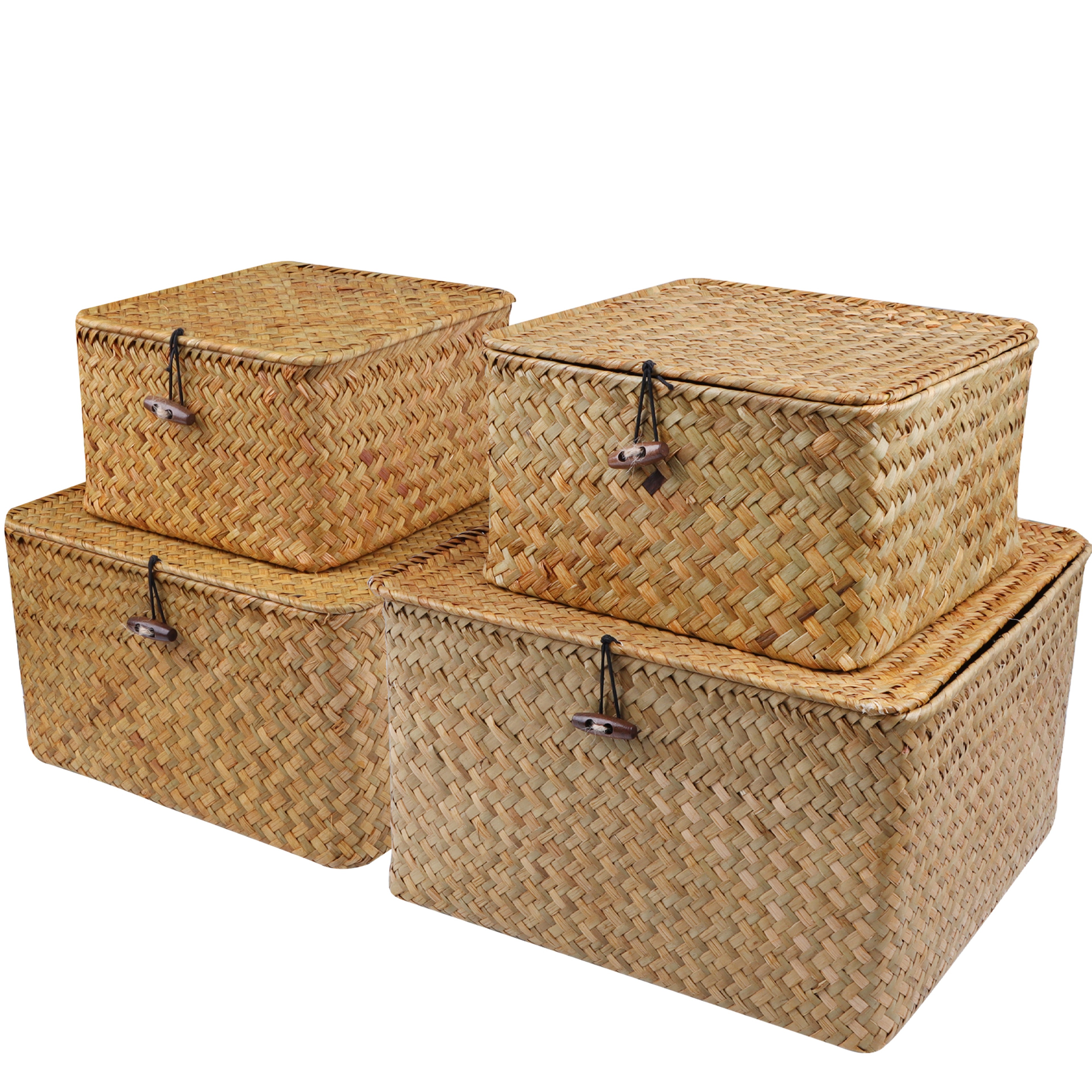 Set of 4 Seagrass Baskets with Lid, Wicker Storage Organizer for Shelf, Flat Storage Bins and Decor – view 1