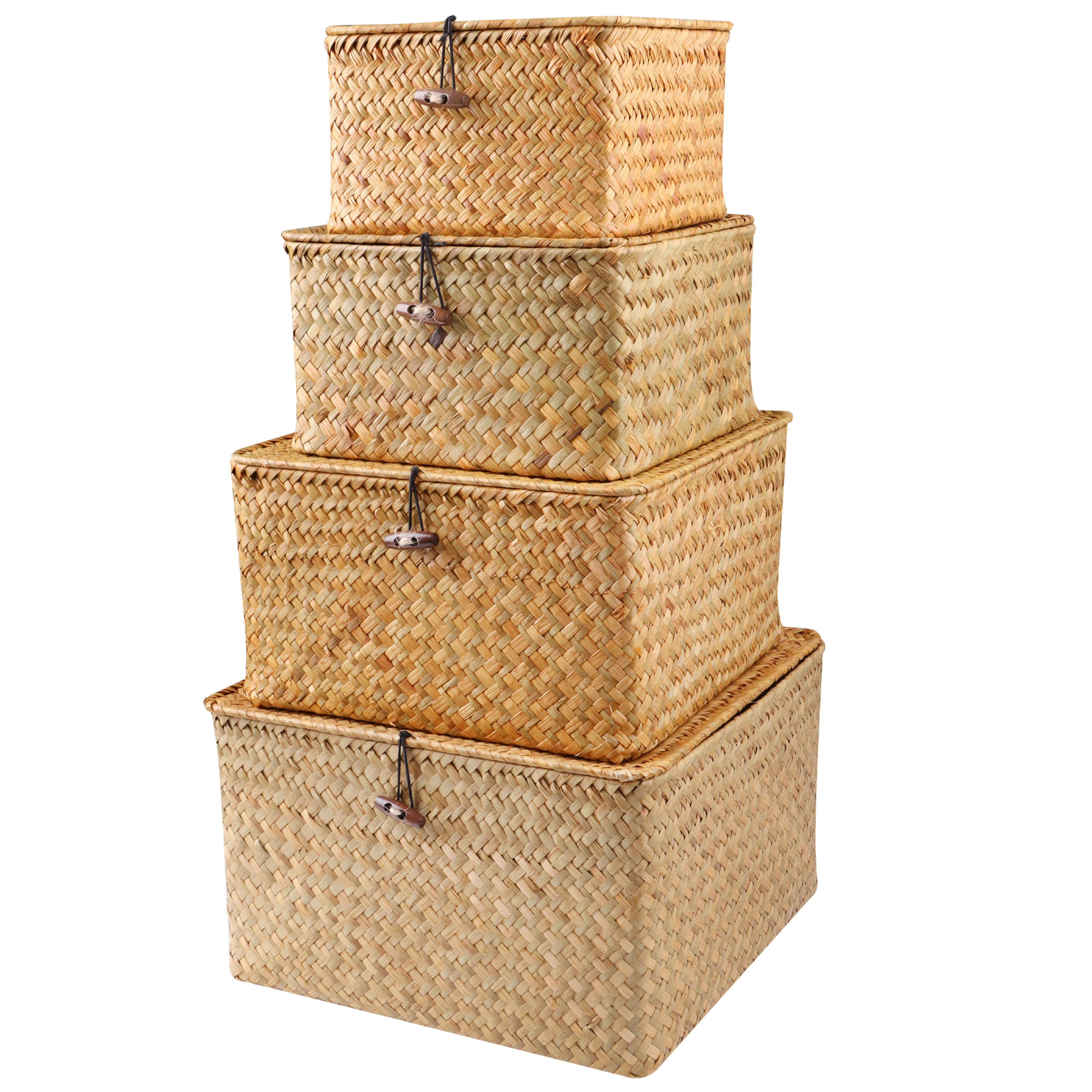 Set of 4 Seagrass Baskets with Lid, Wicker Storage Organizer for Shelf, Flat Storage Bins and Decor – view 2