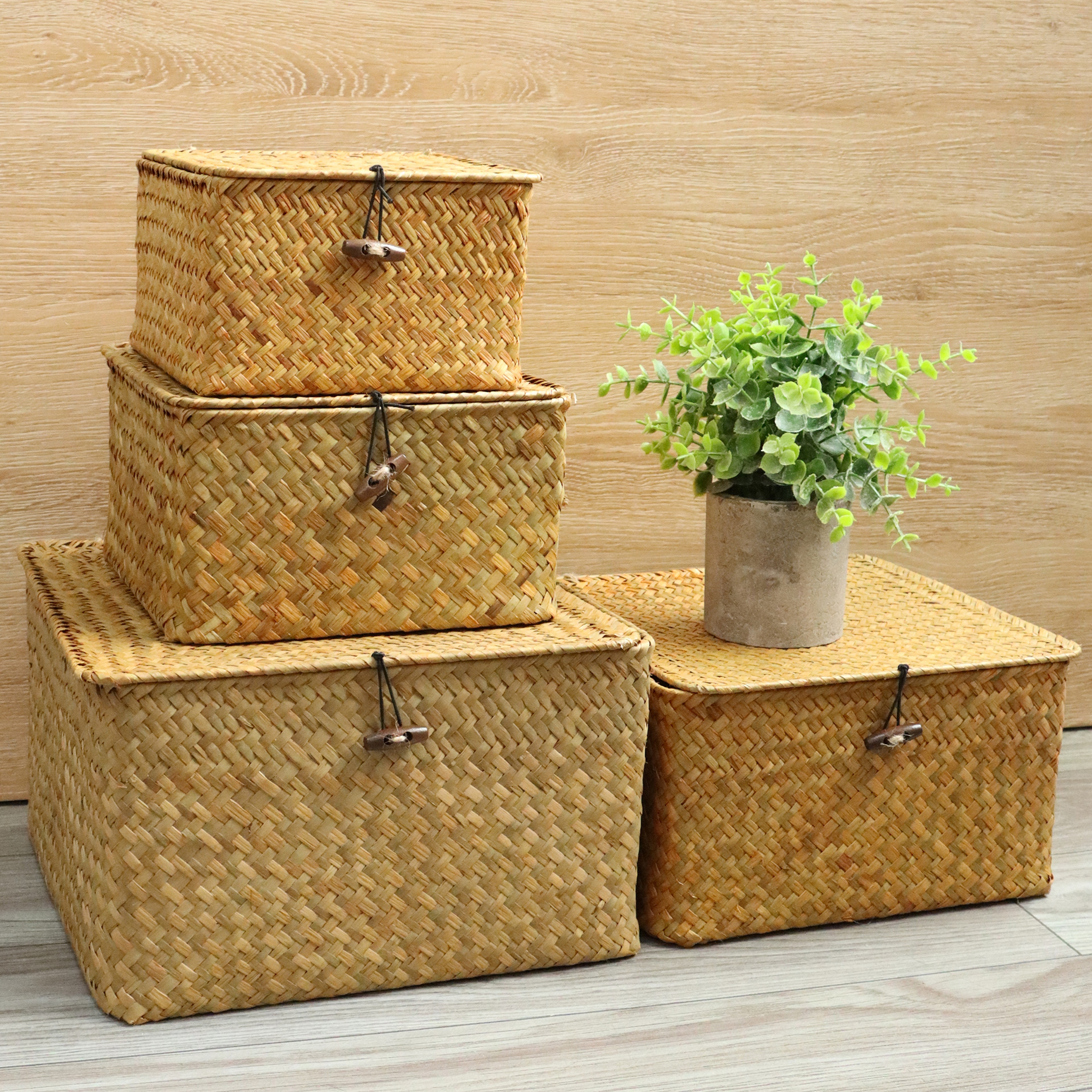 Set of 4 Seagrass Baskets with Lid, Wicker Storage Organizer for Shelf, Flat Storage Bins and Decor – view 3