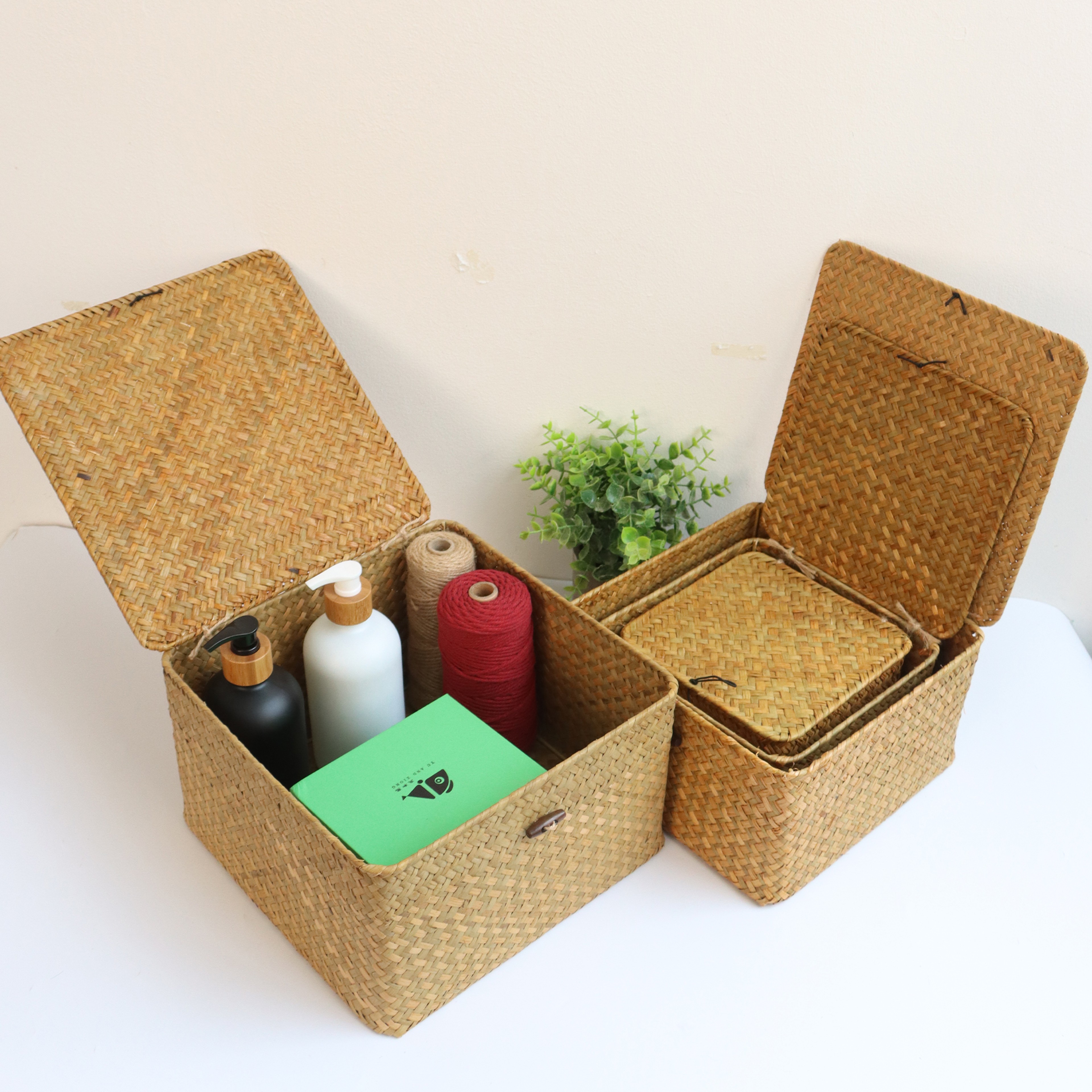 Set of 4 Seagrass Baskets with Lid, Wicker Storage Organizer for Shelf, Flat Storage Bins and Decor – view 5