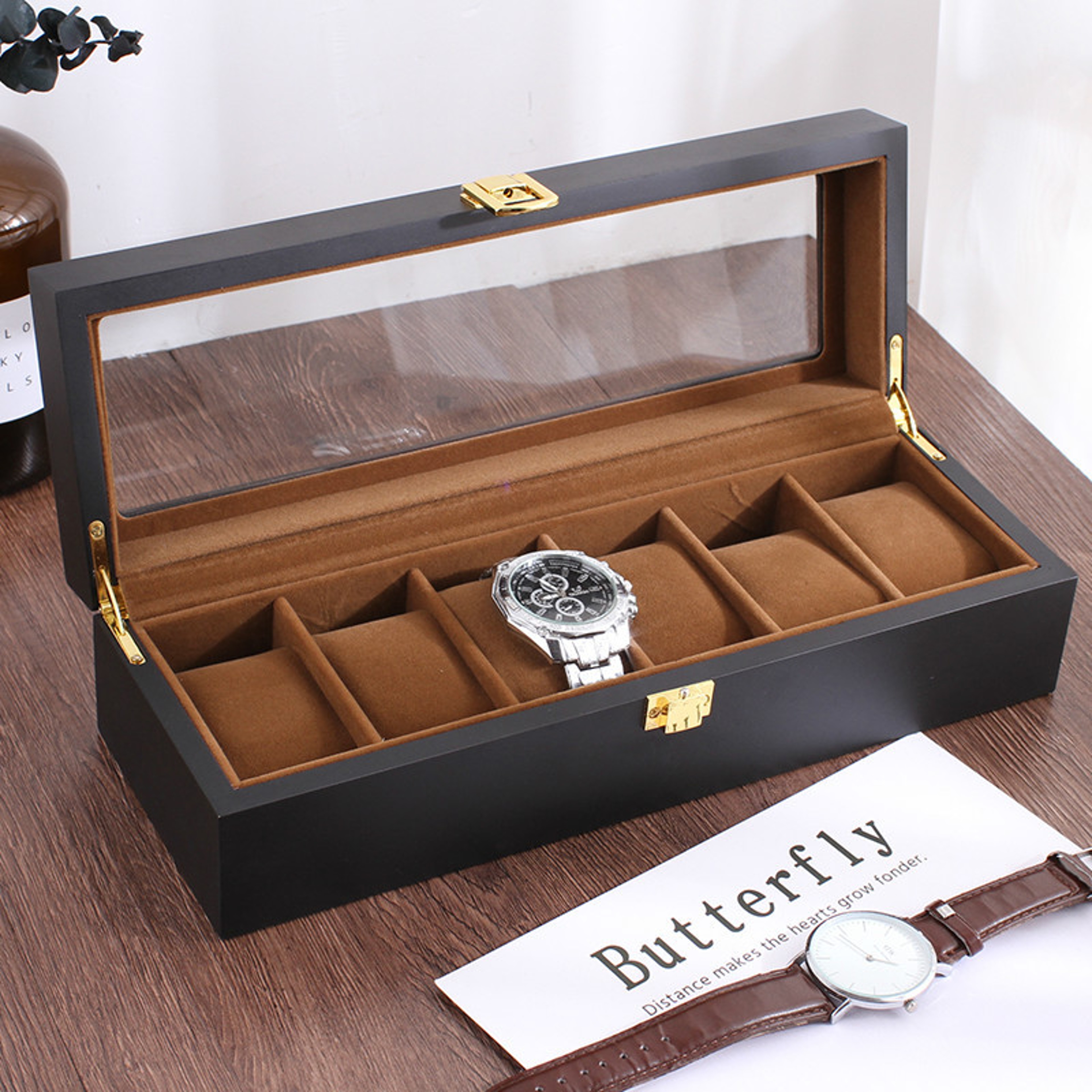Handmade Wood Watch Box Grids Jewelry Holder, Storage Organizer for Watch Display Case – view 4