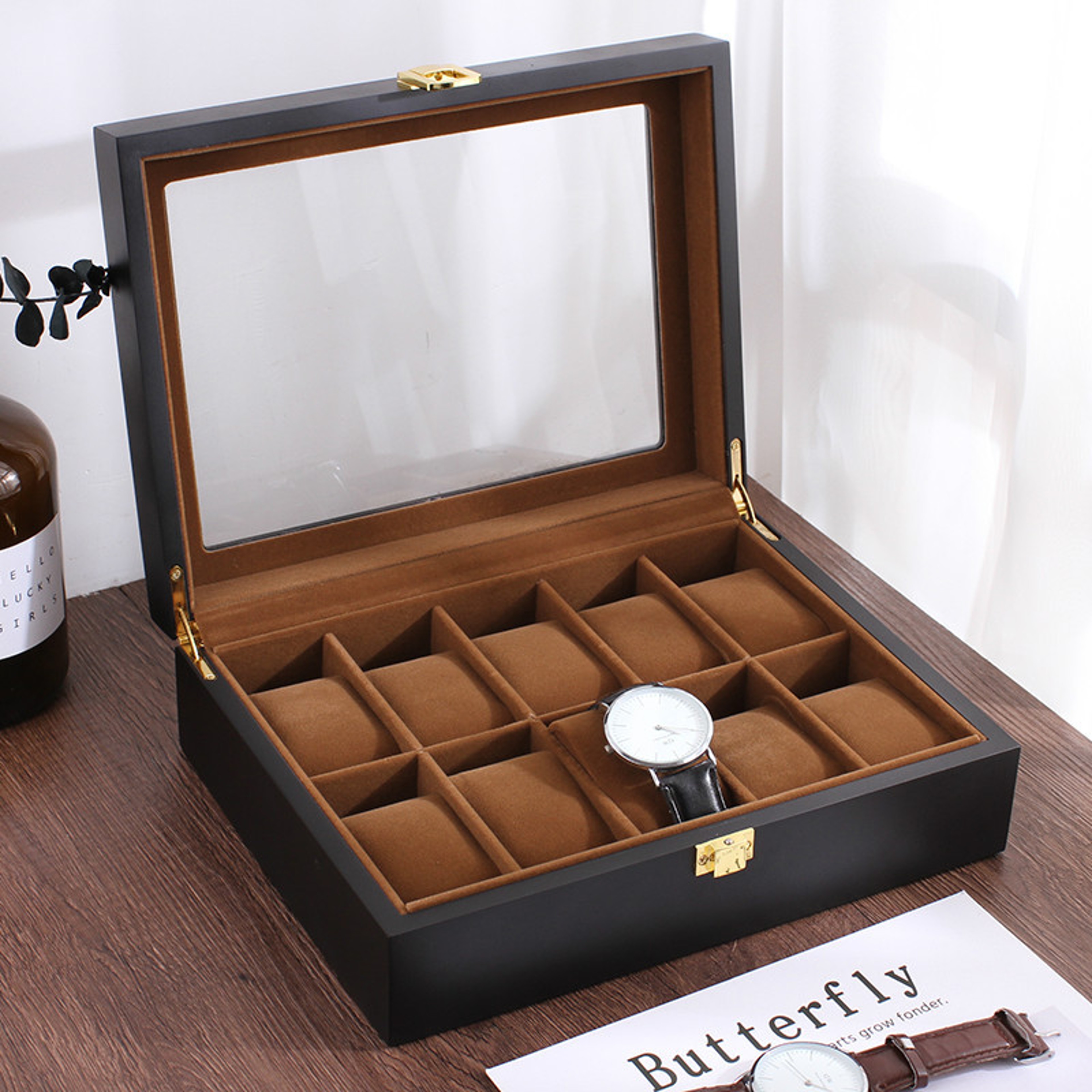 Handmade Wood Watch Box Grids Jewelry Holder, Storage Organizer for Watch Display Case – view 8